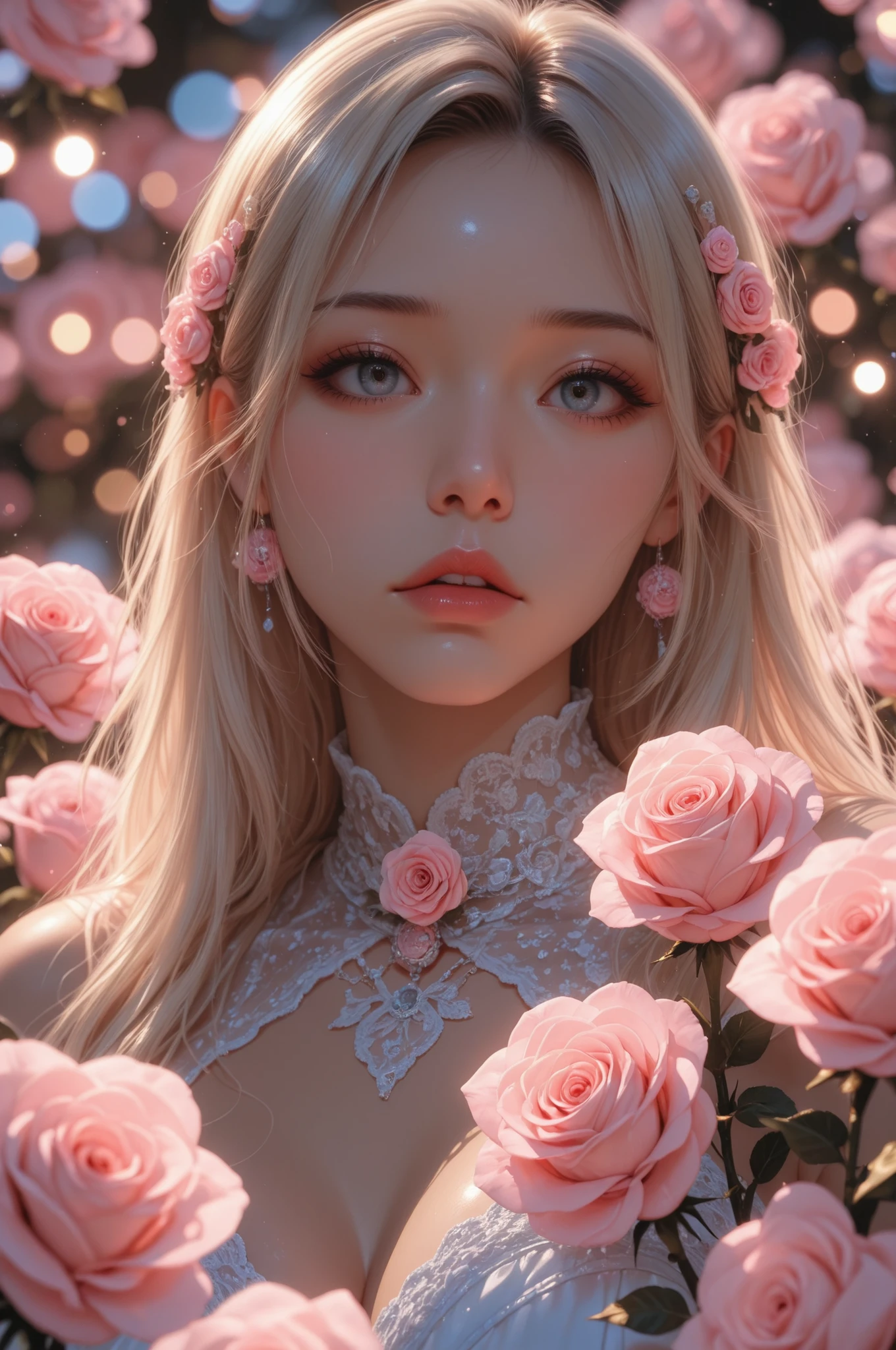 Portrait of a Beautiful Angel Surrounded by Roses, One Side of the Roses, Surrounding roses, Sexy, Young, Big Bust Woman, close-up shot, 4K High Definition, photo-like realism, HDR, Studio Lighting, Deep Focus, Professional, bright colors, bokeh effect