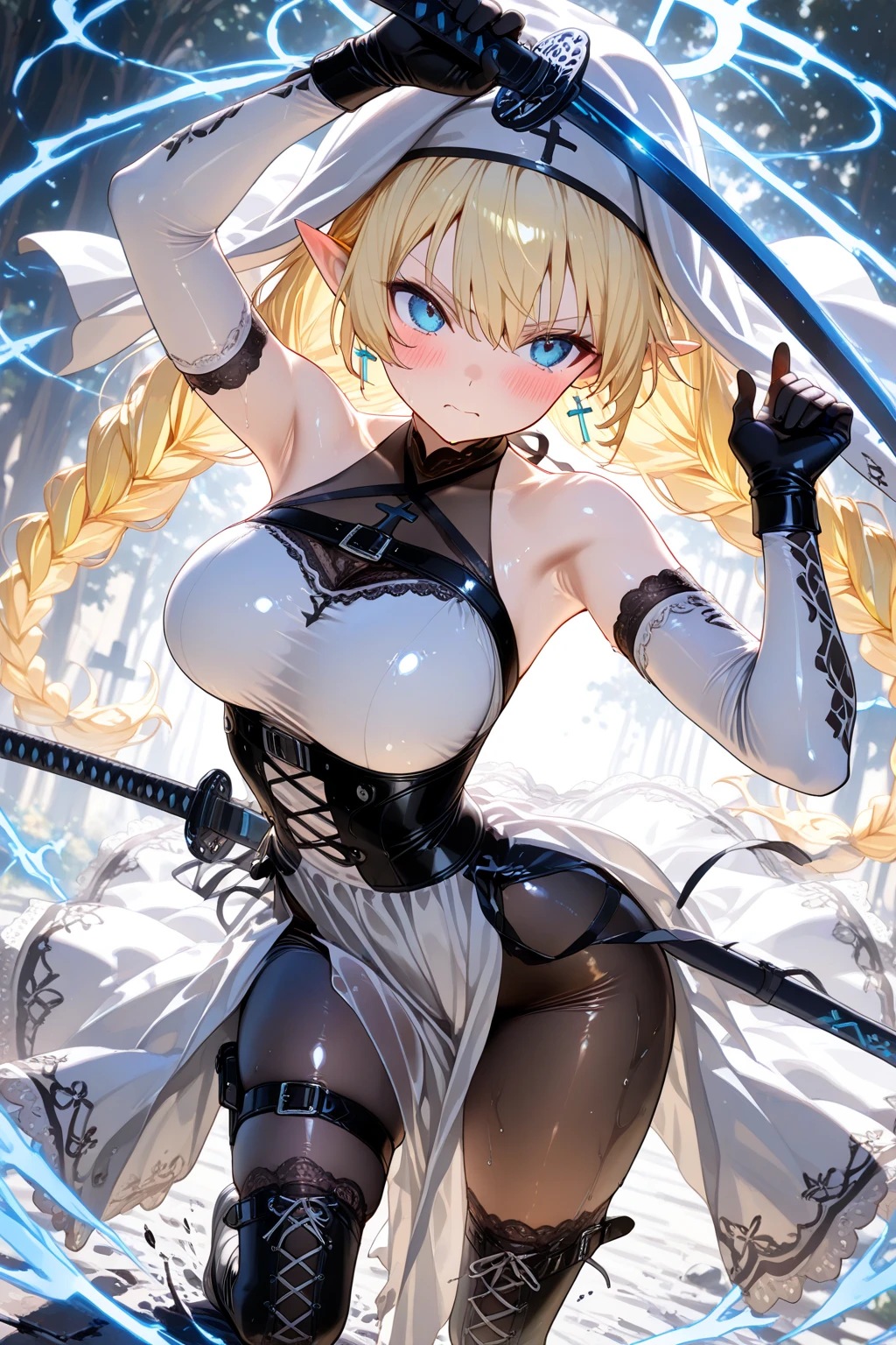 Lumine | genshin impact, master-piece, bestquality, 1girls,25 years old, proportional body, proportional., Wedding Dresses, White Wedding Dress, wedding, gigantic breasts, ,bara, choker, (Graffiti:1.5), Splash with purple lightning pattern., arm behind back, against wall, View viewers from the front., Thigh strap, Head tilt, bored, 10, 10, HD, slight smile,