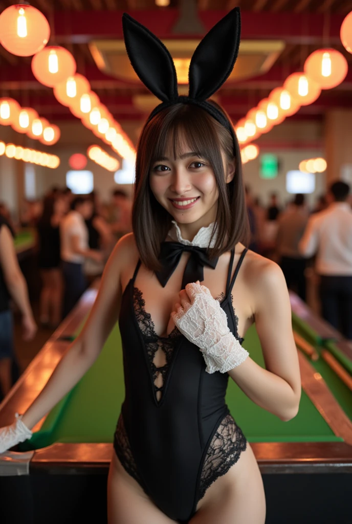 (best quality:1.2), masterpiece, Realistic, Ultra-high resolution, ((a beautiful Japanese idol 12 years old woman:1.2)), (Gaunt:1.3), (((Very flat chest:1.4))), ((Baby Face)), (show me your armpit:1.2), (sweaty armpit:1.3), ((Armpits are wet and shiny with sweat)), bare pussy, She has skin that sweats easily Soaking wet, Sweaty, I can see my pores, realistic, rabbit ears, black rabbit ears, fake rabbit ears, pantyhose, black pantyhose, bowtie, wrist cuffs, black leotard, (casino,roulette table, poker chips, slot machine, chandelier:1.2)