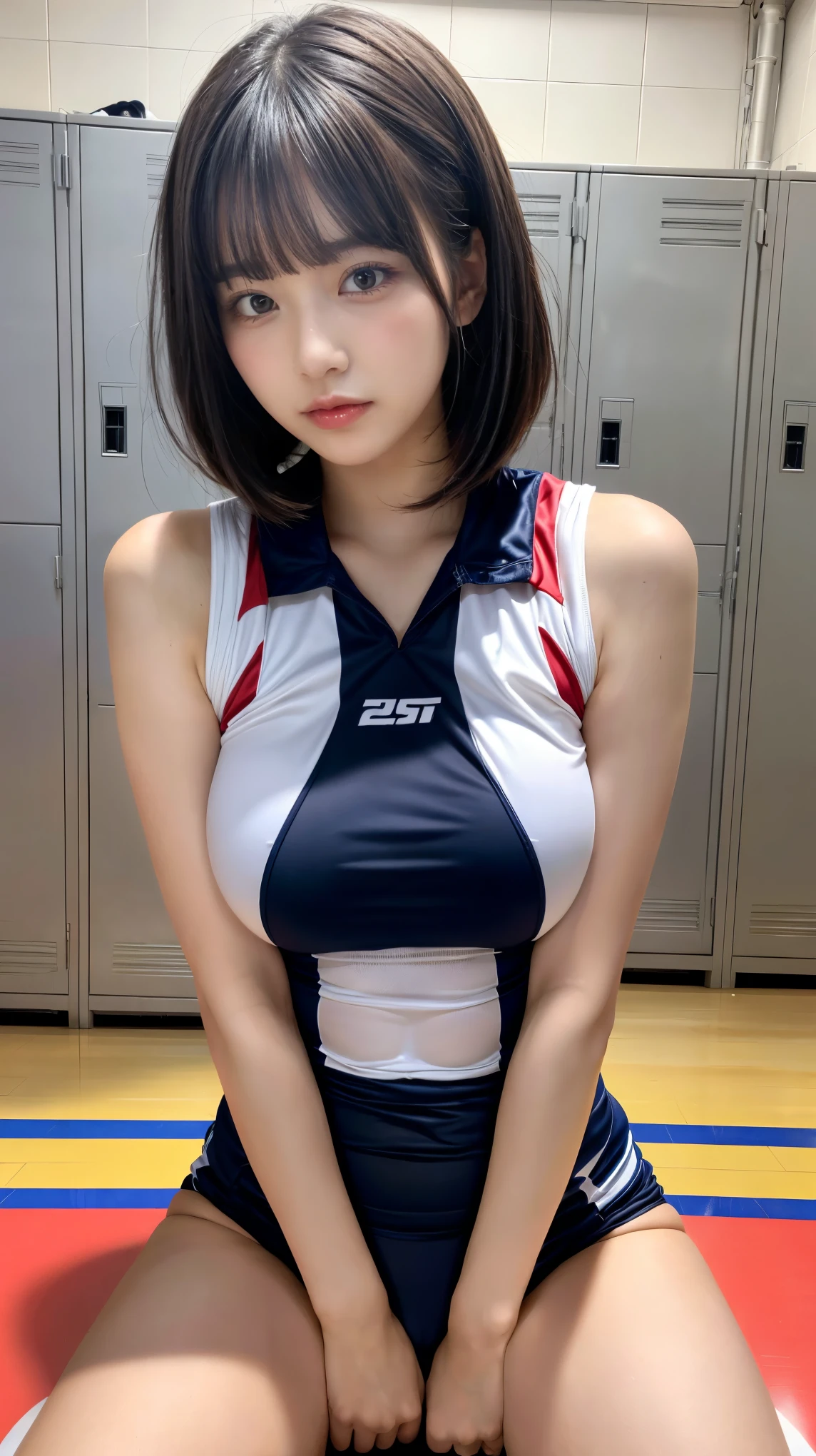 (Photorealistic: 1.2, With the highest quality, 8K ), ( 20yr old, K-pop idols、 Sweat: 1.2, Colossal tits:1.5), Fine skin, (Film Lighting),  Soft light, Double eyelids, ((excited、A sexy、pheromone、tshirts、Volleyball player、bob cuts))(1girl in)、Colossal tits、breastsout、Expose muscles、Sweat muscles