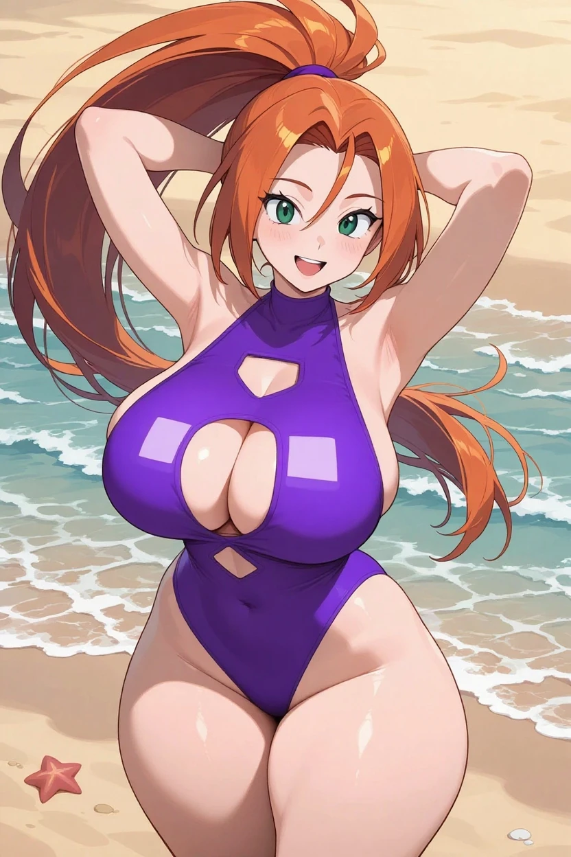 Genera a nami de one piece (with big thighs and transparent lingerie, tetas grandes, culo grande, that she is sitting showing her feet and vagina)