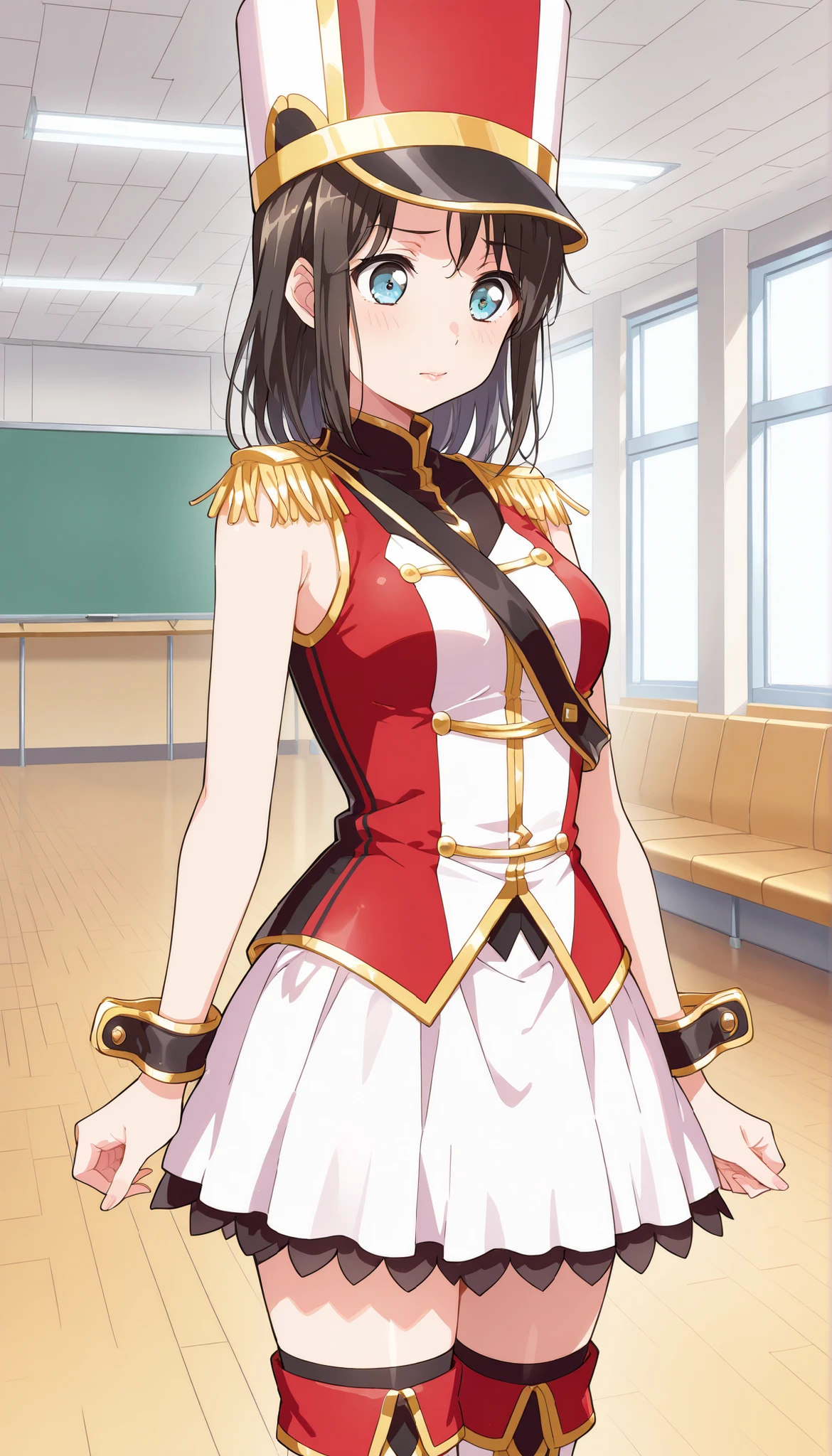 score_9, score_8_up, score_7_up, source_anime,solo, 1girl,<lora:Misaki_Okusawa:1>,Misaki Okusawa, ,kokorohhw, hhw skirt, hhw band uniform, hhw wrist cuffs, hhw thigh boots,small breast, rouge lips , standing , live waiting room, embarrassing, from front, cowboy shot