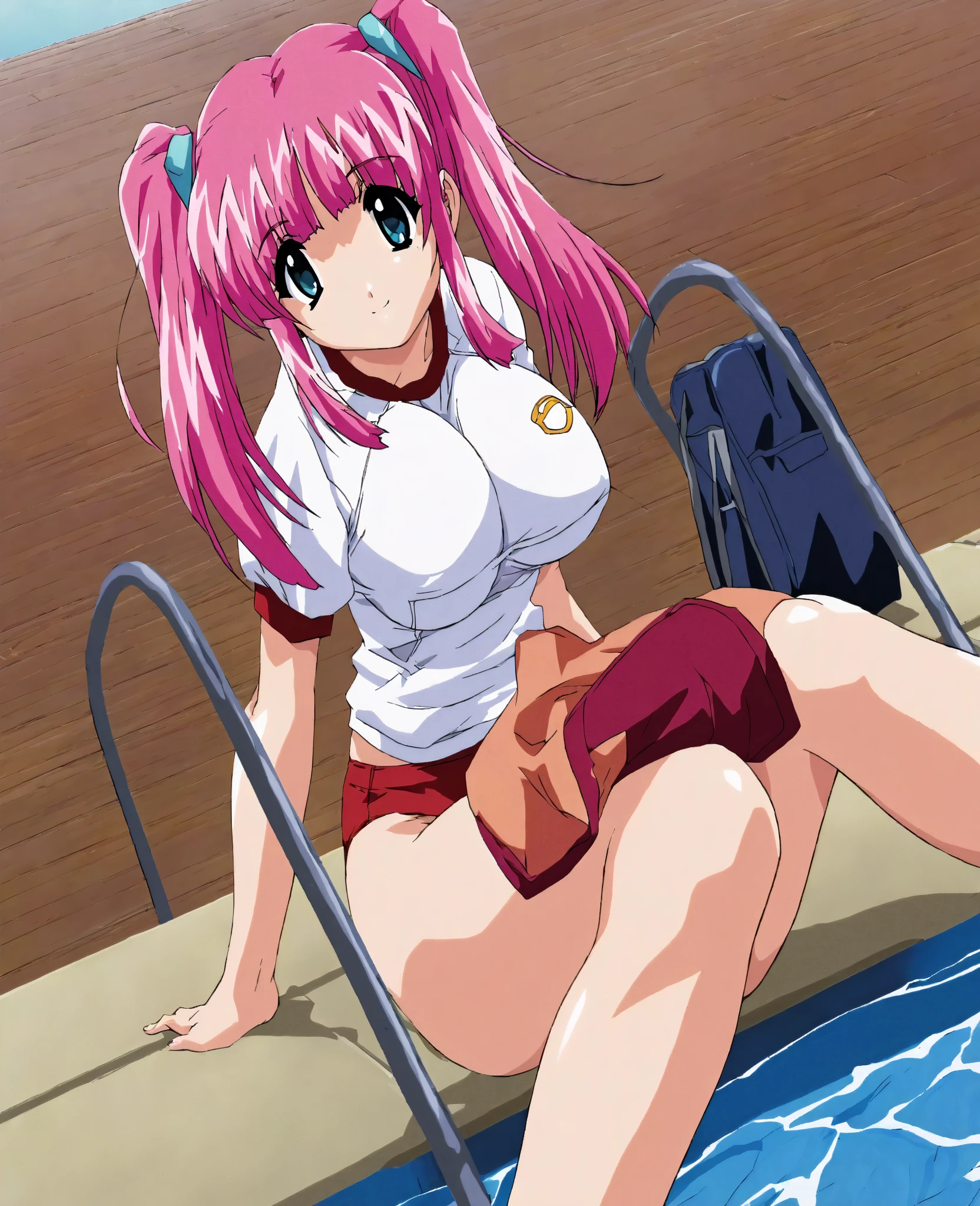 zero two\(darling in the franxx\), nsfw, micro swinsuit highleg tight, squatting, (shiny skin:1.2), looking at the viewer,