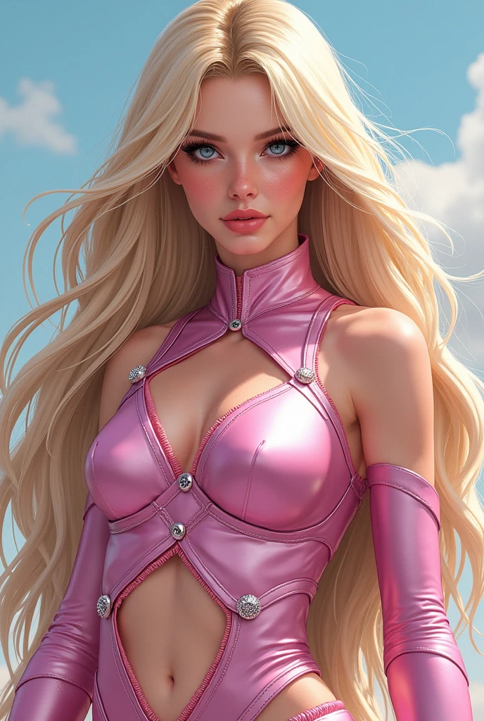 gwenpool, 1 girl, hair blonde, multicolored hair, standing alone, blue colored eyes, shorth hair, gradient hair, waist belt, two tone hair, pink hair, breasts big, a big chest hole, Unclothed, seductress is naughty