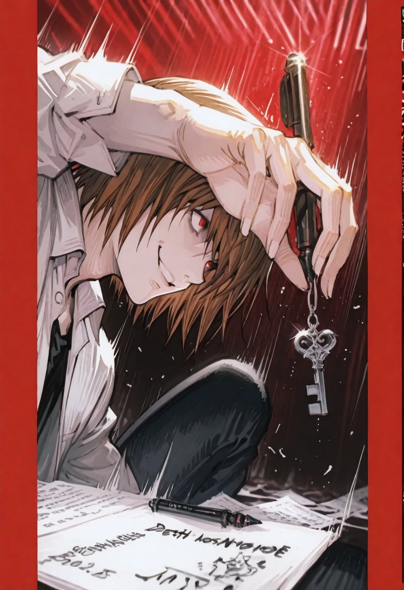 (score_9,score_8_up,score_7_up) LIGHT YAGAMI, DEATH NOTE, 1 MAN, EVIL SMILE ,), ,,extremely detailed,dynamic lighting,best quality,,,best quality,high quality,, , dynamic angle, , thick thighs, motion lines,, , solo, perfect eyes,,DETAIL,MASTERPIECE,,Expressiveh, ultra detailed,,,,very detailed,extremely detailed,dynamic lighting,best quality,(score_9,score_8_up,score_7_up), RED eyes, BROWN SHORT HAIR SPIKY hair, , BODY TYPE SLIM,,extremely detailed,dynamic lighting,best quality, pale skin,LIGHT YAGAMI, DEATH NOTE anime image of a man with a pen writing on a piece of paper, 4 k, death note, detailed key anime art, anime wallaper, shigenori soejima illustration, TAKESHI OBATAa