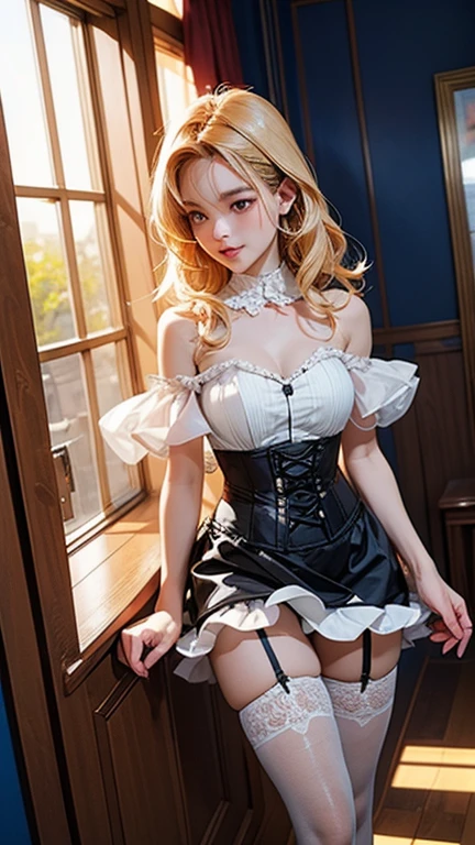 exceptionally detailed RAW color photo, Fantastical、15 year old Virginia Otis in a sexy Victorian dress, sexy dynamic pose, Pixar style, In the style of bright 3D objects, She has a cartoon smile, tanned skin and rosy cheeks, Social contest winning photo, - Blonde hair, Very curly blonde hair, Corridor with castle atmosphere, Iridescence/milkyW, Glitter, highly detailed photorealistic, 16k - Expression Style - -Rainbow 5 (matrix ) unbelievable, Realistic Shadows, (Very detailed background plan: 1.2), best day artistic photo、(lift the skirt yourself:1.5)、(White panties are visible:1.5)