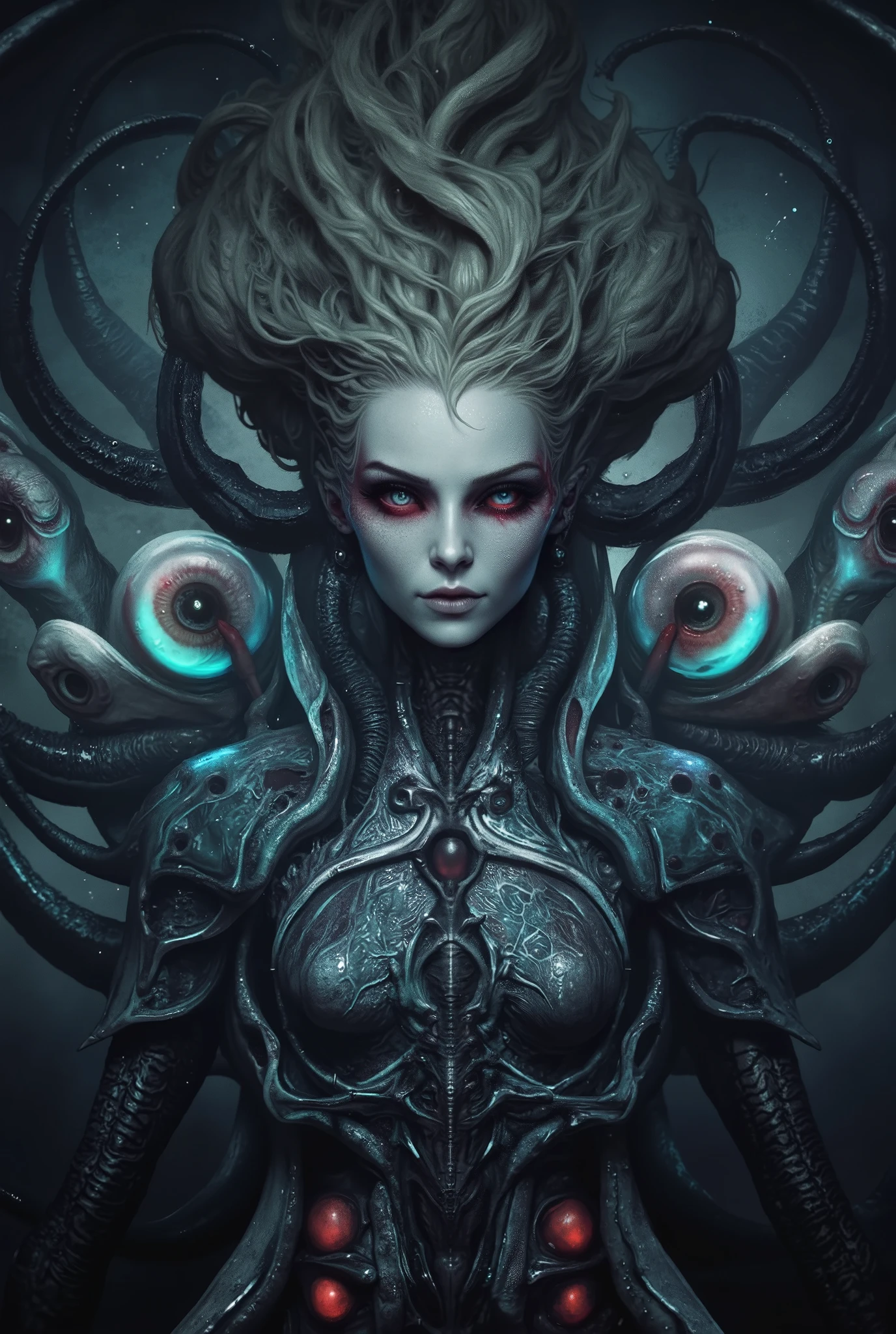 (photos realistic:1.7), (1 beautiful and erotic female alien:1.4), (There is a female genital-like organ in the middle of her forehead:1.95), She has medusa-like hair, (there are lots of translucent tentacles from her head like her hair:1.5), wearing kimono, (vulgarity1.7), (she is looking down at viewers with glowing red eyes with no pupils:1.6), (She has translucent pale skin:1.4),(She has the most beautiful face in the history of the universe:1.2), (She has multiple bioluminescent organs on the side of her tentacles:1.4), (Her body is covered with an iridescent exoskeleton:1.4), (She is showing her arm pits:1.6), an evil gaze that seduces, (looking down at viewers:1.4), (bio luminescent:1.4), (Smile wickedly:1.3), (ypose:1.4), cells are fused, extraterrestrial, cell, bio image, ultra high resolution, Beautiful eyes with fine symmetry,(Highly detailed face and eyes:1.2),(Super detailed skin quality feeling:1.4), perfect anatomy, (Beautiful toned body:1.5), (Moist skin:1.2), not wearing makeup, (dark circles:1.1), cinematic drawing of characters, cinematic quality, (exquisite details:1.2), high resolution, High freshness, drawing faithfully, official art, Unity 8K Wall paper, ultra detailed artistic photography, midnight aura, unreal engine 5, Ultra Sharp Focus, art by MUCHA, art by Amano Yoshitaka, ArtGerm, ultra realistic realism, dream-like, Creation of (Numerous award-winning masterpieces, with incredible detail, textures and maximum detail), Dramatic Lighting, cinematic quality, (exquisite details:1.2), High freshness, drawing faithfully,, dream Snail, (biopunk nautilus:1.3),Thrilling color schemes, seductively smiling, Amazing mutation, well-proportioned body, goddess of the deep sea, fractal, Geometric pattern, impossible figures, subtle emerald green accents, (expression of ecstasy:1.5),