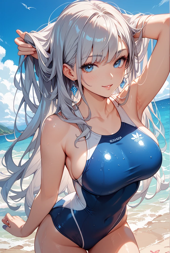 8k, Highest quality, masterpiece, Wallpapers by Unity 8k, (One Girl) , 17 years old、cute、Big eyes、(((Silver Hair))),(Her hair color is a blue-gray gradient), Semi-long hair,Larger breasts, Summer fashion、smile
