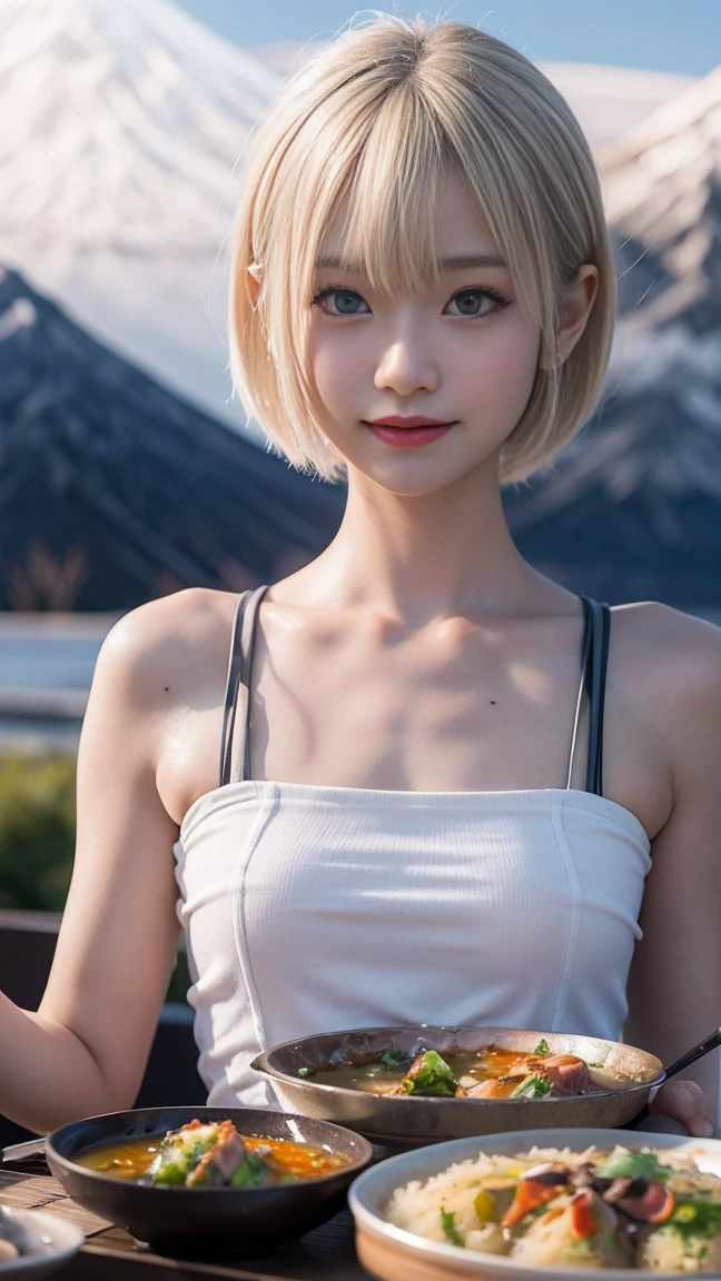 Beautiful fair and glowing skin, 3 Up, gorgeous, bright, Refreshing and gentle expression, Perfect beautiful face、Blonde short hair, Beautiful shiny bangs, A very beautiful 17 year old girl, Eyeliner, Very perfect and beautiful lovely big clear sky blue eyes、非常漂亮bright眼睛亮点,White yoga clothes,Very large breasts,Grooves reveal original skin,Muscular body