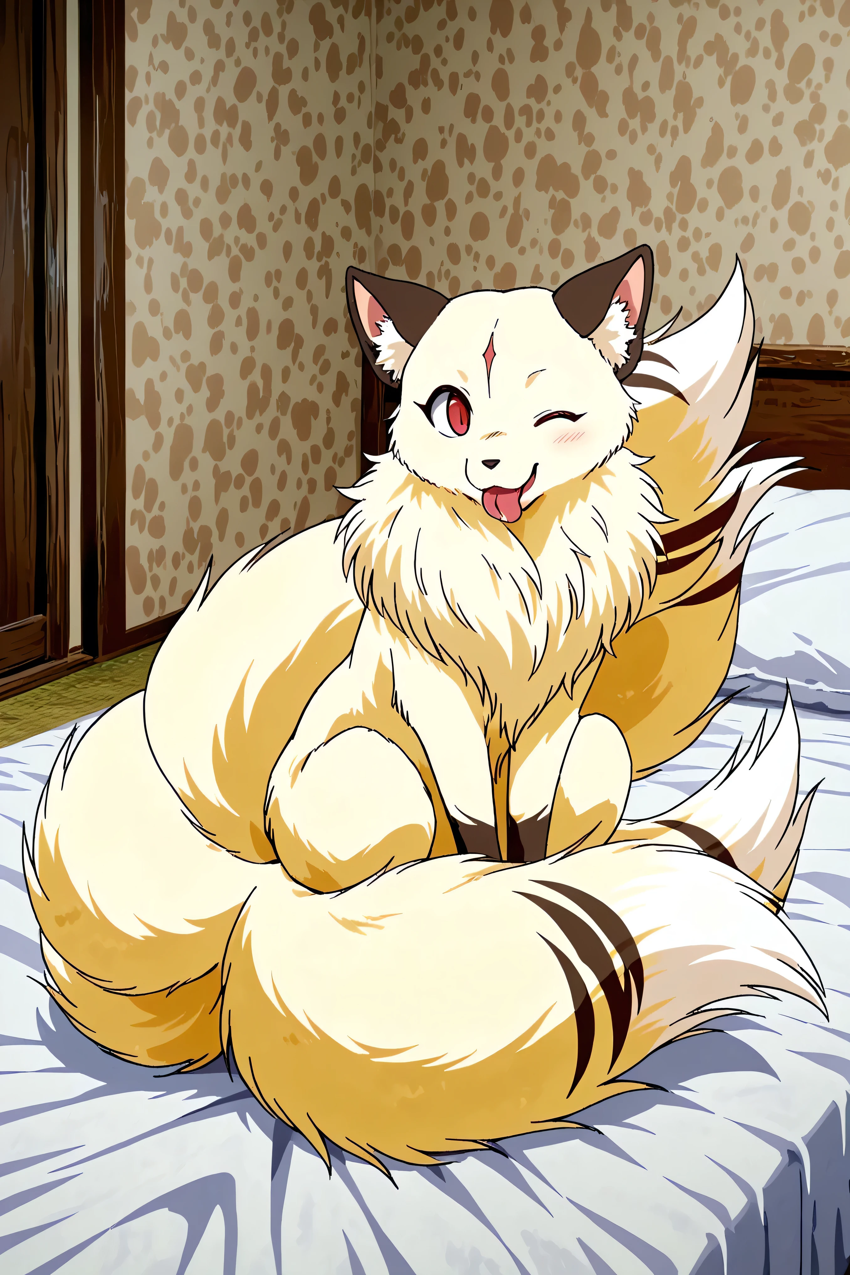 The  fluffy fur feral four leges non-humanlike ,no human transform  kirara with  many tails sitting down  and  licking in the  bed, wink red eye, full body,