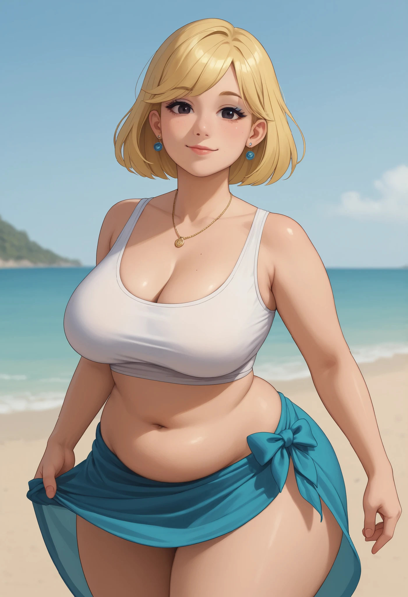 ((highres)), Masterpiece, high quality, best quality, beautiful, perfect lighting, detailed face, ultra cute face, looking at viewer, ((1girl)), ((solo)), cowboy shot,
long blonde hair, ponytail, blue eyes, crop top, jean shorts, cleavage, medium breasts, wide hips, thick thighs, skinny, fit, smile,
Standing on a dock, ocean in background, arms behind back,