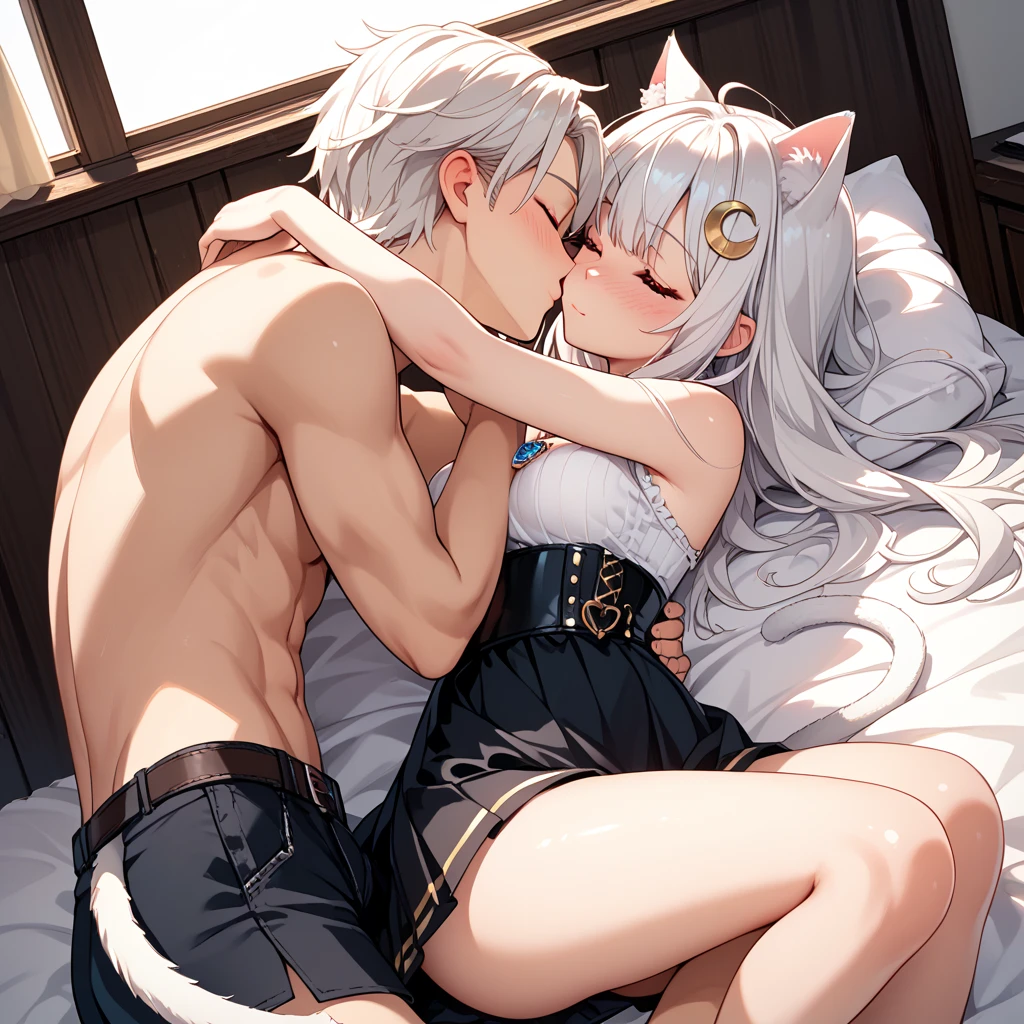 short gray hair,with cat ears