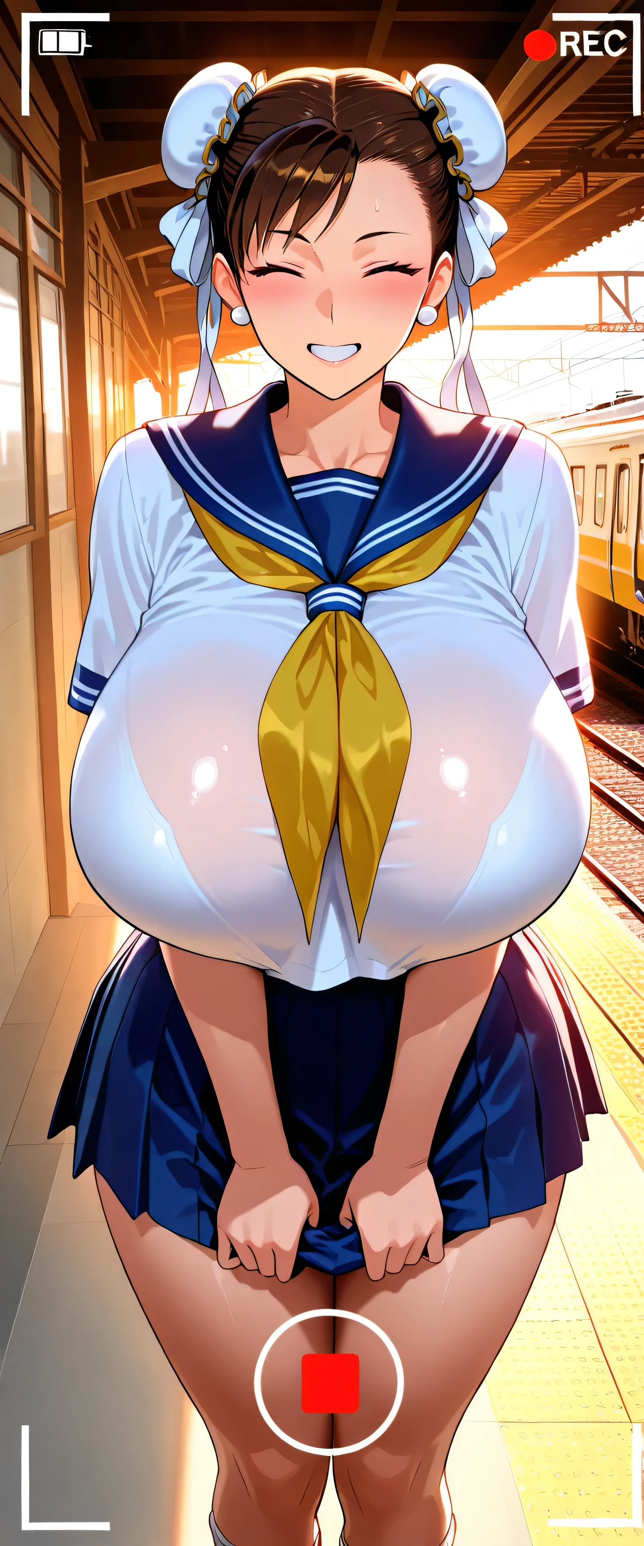 masterpiece, highest quality, girl, serafuku, Blue ribbon, Pleated skirt, Blue socks, loafers, City Street, running, Toast in the mouth,、Camel Toe、Giant tit、Nipple Puffs、Cleavage、Plump、Super big breasts、Super big butt、Hurry、Skirt flip