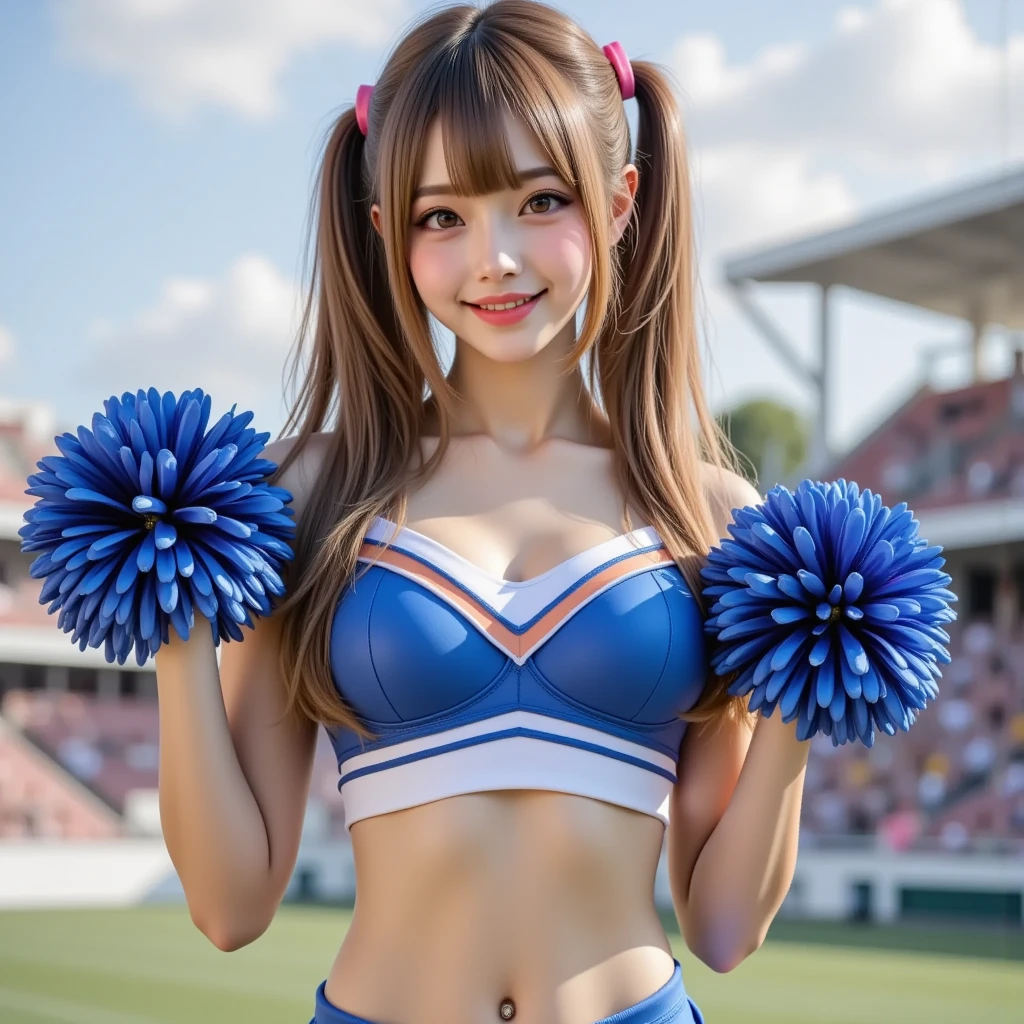 (((highest quality、8K、photo-realistic:1.4、masterpiece)))、Backlight、Woman with highly detailed facial texture、18-year-old、(((sky blue sequin cheerleader:1.2)))、((stadium background:1.2))、with arms raised、laughter、open your mouth、Shiny blonde hair and length hairstyle、blonde。length。divided sleeves, bare shoulders, central opening, cleavage, central chest、ribbon。(((twin tails:1.2)))。(((show panties。Posture with legs wide open:1.2)))