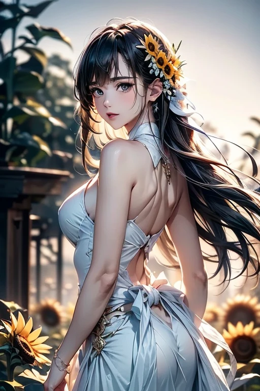 anime стиль, very good illustration, high detail, dynamic angle, excellent detail, 8K, summer day, Field of sunflowers, sunny day. BREAK Woman standing motionless., captivated by the beautiful scene, watching the sunflowers bloom. The look on her face says, that she is sincerely delighted with summer and the beauty of blooming sunflowers.. very good illustration, high detail, dynamic angle, beautiful detail,2d, (Best quality, masterpiece, beauty, tenderness), anime, very detailed face, very detailed eyes, very detailed background, Ideal lighting, whole body, 1 girl, One, (Very detailed cat ears), (Very detailed ears behind the hair), very detailed eyes, The ears are covered with hair, very detailed hands, very detailed hands,