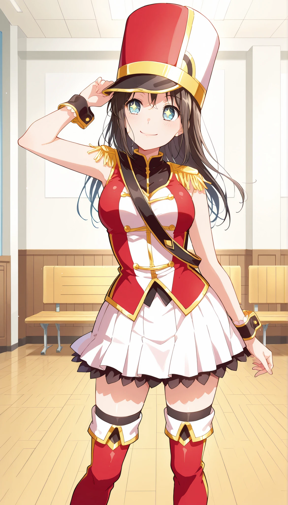 score_9, score_8_up, score_7_up, source_anime,solo, 1girl,<lora:Misaki_Okusawa:1>,Misaki Okusawa, ,kokorohhw, hhw skirt, hhw shako cap, hhw band uniform, hhw wrist cuffs, hhw thigh boots,long hair ,medium breast, rouge lips ,star pupils(gold star), standing posing , smile , live waiting room, closed mouth,