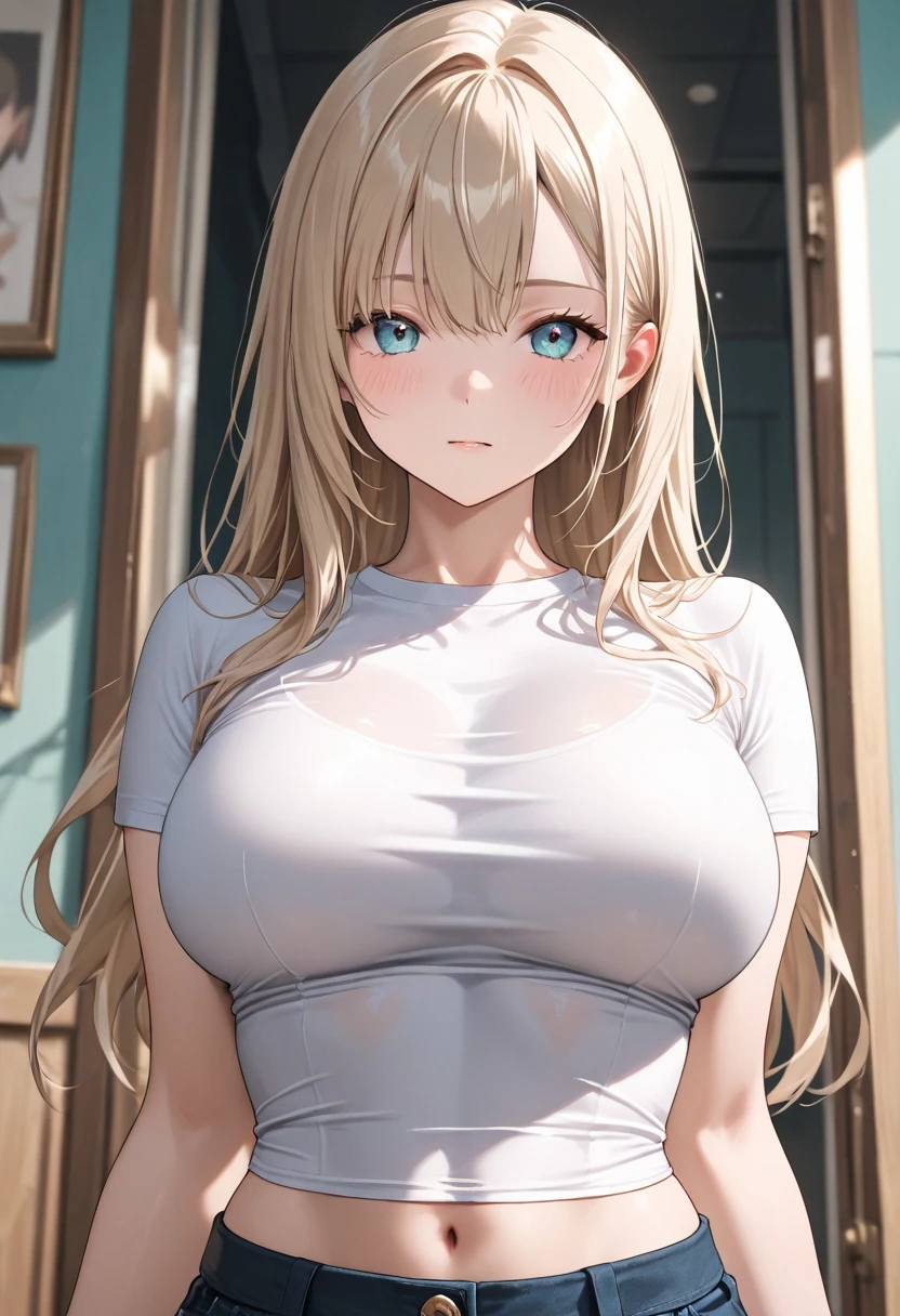 Elegant mature woman, long blonde hair, crop top, blue eyes, soft light, 4k resolution, high detailed 