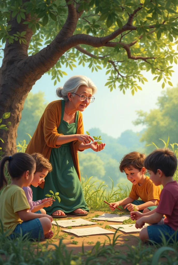 An elderly woman with a warm and kind face, dressed in simple, worn clothes that reflect her humble lifestyle. Her eyes sparkle with joy, and her smile is infectious, radiating happiness and contentment. She sits under a tree, surrounded by children, sharing stories and laughter. Despite her poverty, she exudes an aura of inner peace and fulfillment.