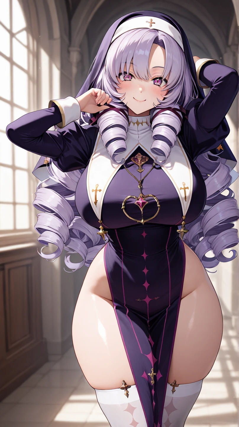 (masterpiece), best quality, expressive eyes, perfect face, (gigantic breasts),(wide hips) , thick thighs, long legs, purple underwear blush, smiling, white hair