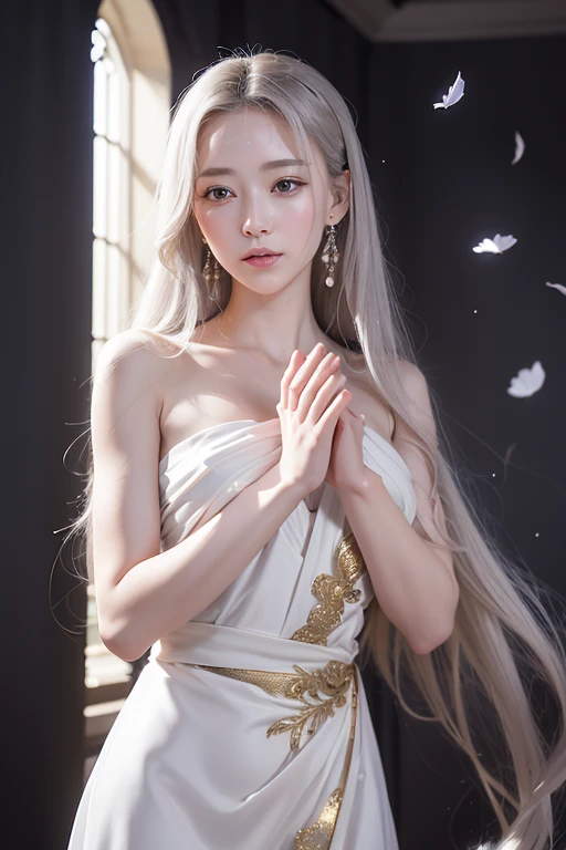 highest quality, masterpiece,Gray Hair, Golden Eyes,White clothes, look up, Upper Body,hair,Fair skin,Side braid