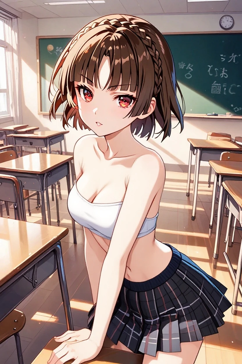 ((Tabletop, highest quality, High resolution, , Perfect Pixel, 4K,))), 1 female teacher, single, alone, beauty、The whole body is visible、 ((Mid-wave hair, bangs, Brown Hair)), ((Brown eyes, Beautiful eyelashes, Realistic eyes)), ((Detailed face, Blushing:1.2)), ((Smooth texture:0.75, Realistic texture:0.65, Realistic:1.1, Anime CG Style)), Medium Chest, Dynamic Angle, Perfect body, (( , , , 、No bra)), sit at a desk in the classroom、necklace、Earrings、、Cover your chest with your arms、、Very embarrassing panic smile, 、Spread your legs、(White and pink floral lace panties、Bring your chest together with your arms、、Dark blue pleated skirt)、Angle from below)、