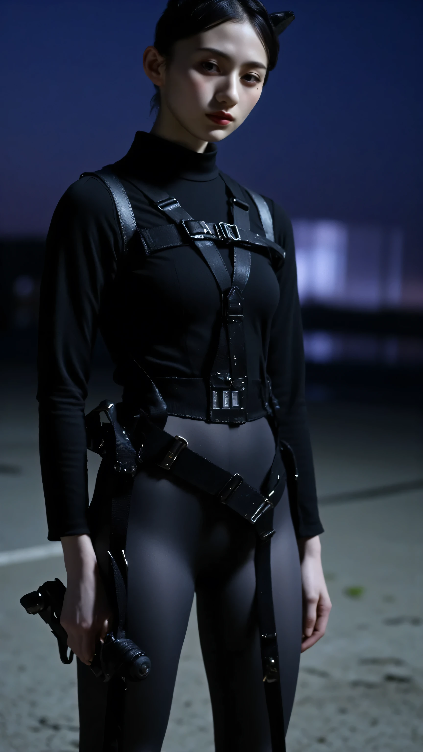 (((Midnight Future City Rooftop:2.0))),(((HR Giger-esque cyberpunk atmosphere:2.0))),(((Holding a Cyberpunk Sniper Rifle:2.0))),standing in the teacher's house,((Full Body:2.0))one woman,(cute face:1.5),(Beautiful well-balanced face :1.5),(wavy black hair:1.7),(beautiful eyes:1.3),glamorous shot of a 20-year-old Japanese woman,Beautiful slender body,((model body type:2.0)),((slim body:1.7)),Perfect Body Line,Ideal Proportions,((big breasts:2.0)),((スリーサイズ90-58-86:3.0)),((F cup chest:1.5)),big boobs,Bare thighs,sensual thighs,delicate body,(muscular:1.7),a harmonious posture,((Realistic breast depiction :1.7)),Carefully Depicts Limbs Based on Perfect Anatomy,((black future police style bodysuit with harness:2.0)),((((ボディラインが美しいレザー製のFull Bodyボディスーツ:2.0)))),((((体にフィットした特殊部隊用Full Bodyスーツ:2.0)))),((Tactical Holster:1.5)),(((cat ear headband))),Concept Art,(Highest Quality:1.5),(masterpiece:1.5),(超高Resolution),Resolution,UHD,(delicate depiction),carefully drawn,32k,((realistic skin texture:1.5)),(((ULTRA REALISTIC:1.5))),carefully drawn eyelashes,very detailed face,highly detailed female hands, Sexy appearance ,very sensual,(Blurry, dim background:1.5),professional photo shoot,(Movie Lights:2.0),((Blade Runner-style lighting:2.0))