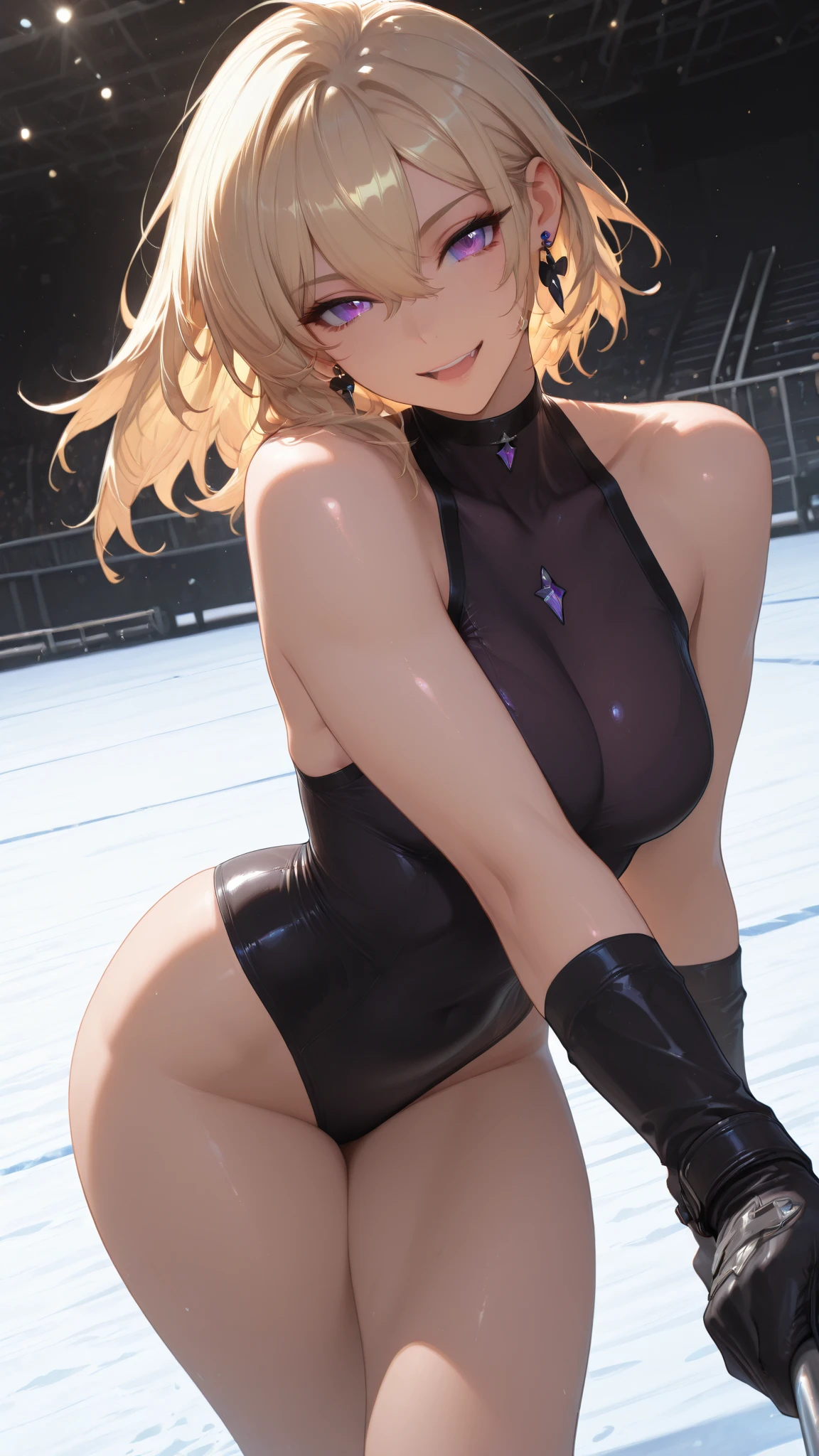 (Crotch)、Open your legs towards the viewer、pretty 1girl, top-quality、The ultra -The high-definition、hight resolution、extremely details CG、8K Unit Wallpapers、19 age、Beautiful detailed eyes,large boob、Platinum Blonde Hair,bob cuts、biomechanical oppai,Grid girl posing on the circuit 、zippers、(Golden Metallic Competition Swimsuit)、(((One piece swimsuit with lines)))、Sleeveless、darkskin、(FULL BODYSHOT)、(Shiny body:1.3)、 Open mouth, blush, Sweat,be shy、