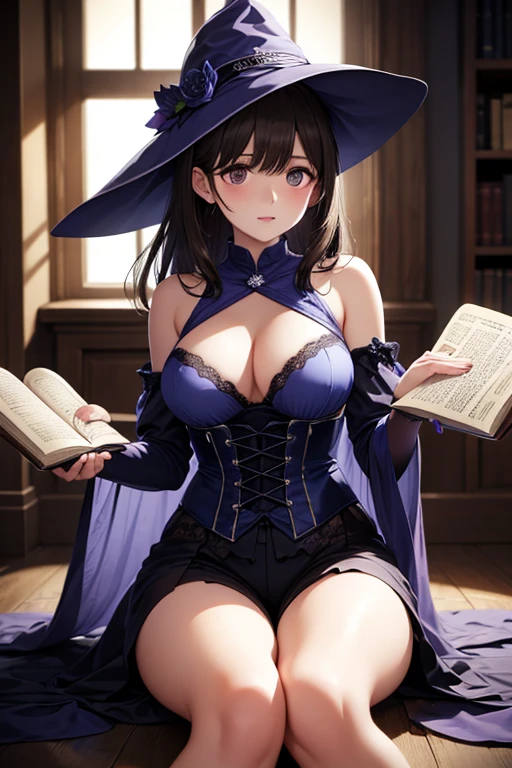 masutepiece, Best Quality, the Extremely Detailed CG Unity 8K Wallpapers, Sexy Witch Cosplay, Long dark blonde wavy hair、off-shoulder knit, darkblue pleated skirt, Medium milk, hanging breasted, cleavage, Blushing, Shy laughter, Bare shoulders, (Leaning forward),、Sexy lace underwear、Black High Heels、Luxurious magic wand and book、Castle Church、sexy pose