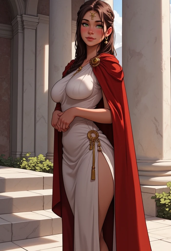 240710B. Masterpiece. A hyper realistic image of Claire. Beautiful woman. ((Perfect body)). Sexy. Slim. ((Solo)). ((Rome, Roman Empire (500 BCE). In the Lavish indoor atrium with mosaics and sculptures. Sheer red stola with gold trim, matching sash. Sheer red stockings. Hairstyle: Elegant updo with a gold headband. Makeup: Bold eyeliner, red lips. Gold cuff bracelet, laurel necklace. Red stilettos.)). (See-through, bare pantyhose). Louboutin heels. ((Show erected small areolas thru clothes)). ((((Show trimmed vulva)))). ((Divine features, oval face)). Graceful presence. (Captivating and perfect grey eyes). (Silky ginger hair). Rosy tint complexion. Captivating smile with enchanting lips. Slender figure. ((Perfect hands)). Sense of style with alluring charm. Effortless elegance, sophisticated. ((High fashion image)). (((((Cowboy shot))))).