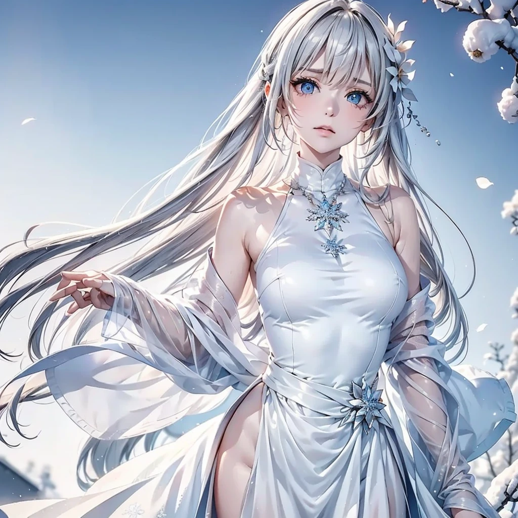 Blue and white hair color, floating hair, delicate and flexible eyes, gorgeous accessories, wearing pearl earrings, FOV, f/1.8, masterpiece, ancient Chinese style architecture, blue sky, flower petals flying, Chang'e, side light, sunlight shining on people. Large breasts, full body, sheer clothes ultra detail, ultra detail, (fine detail), (intricate detail), (cinematic light, best quality backlight)