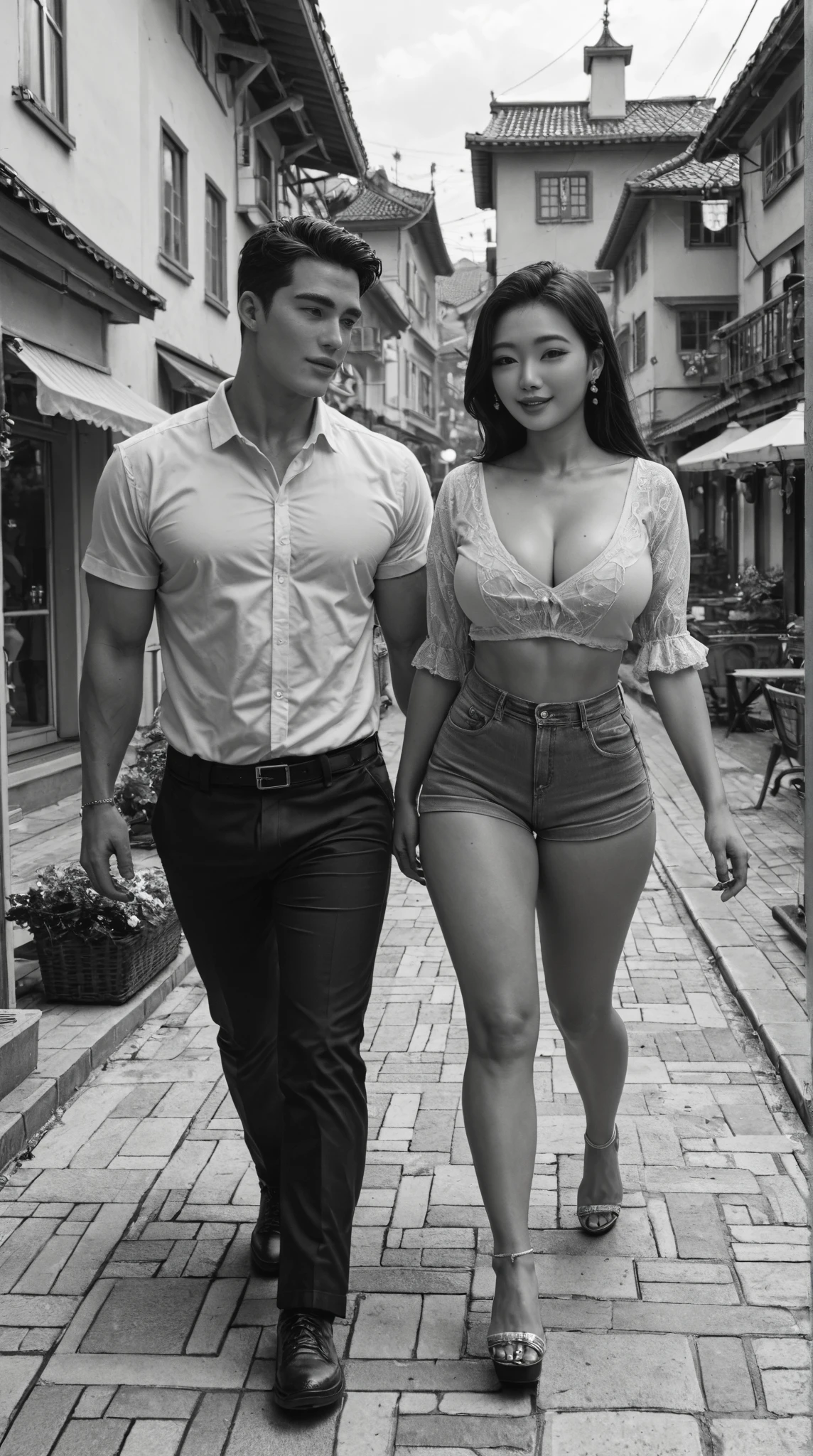 Tall, busty girl and short, cute boy