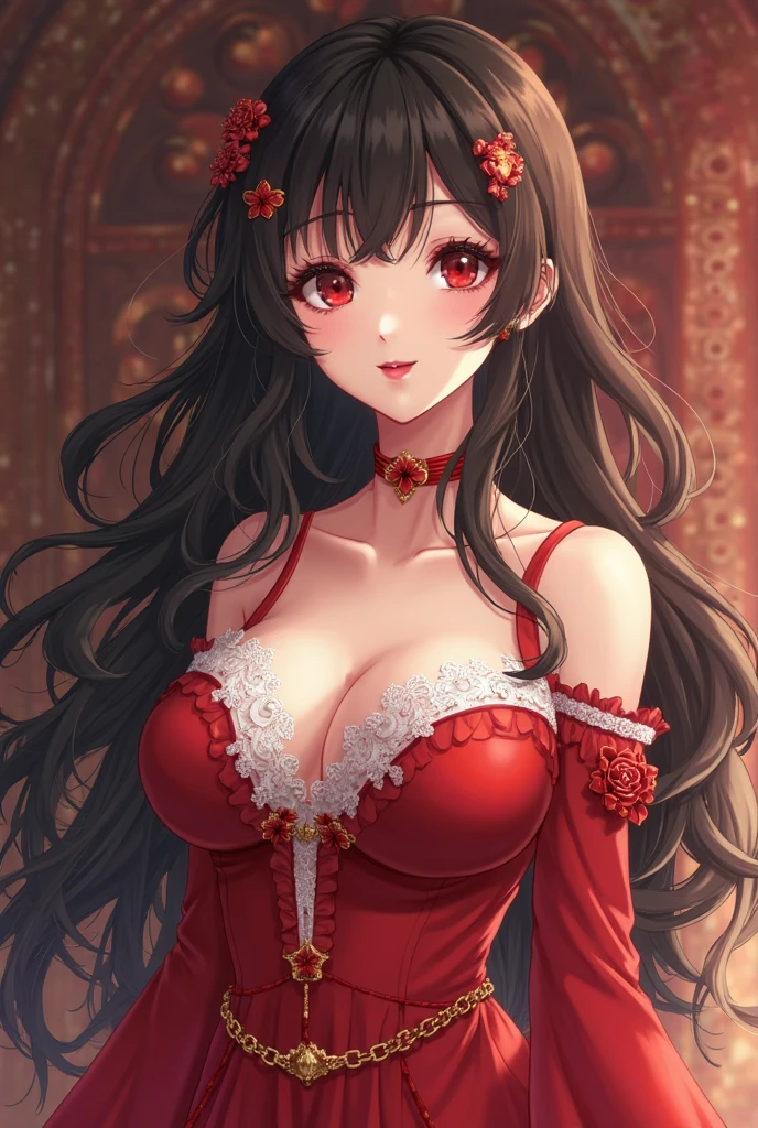 highest quality, ultra high resolution, super detailed, gorgeous, masterpiece, best quality, high resolution finely detailed, extremely beautiful, distinct image, glistening caramel brown skin, piercing golden eyes, curly fiery red hair, slender alluring older woman, 40 years old, elegant long empress dress, (((MILF))), 1 woman, solo, sharp facial features, empress like aura and majesty, symmetrical shaped face, fiery red lips, medium height(174cm), slender and thick, toned body type, Gothic modern city setting