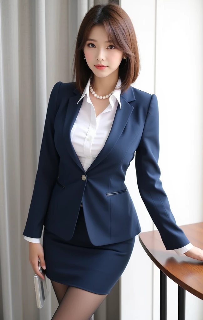  Indonesian adult woman ,  wavy long hair brownish black ,  wearing blue color blazzer long sleeves buttoned and white color shirt , using mini skirt of blue color ,  and red high heels , Propositional body  ( solid contains),  very white skin , bold lips of maroon color ,  eyes using light blue soflens as well as wearing blue eyeshadow and mascara lashes,  red hand nails , thick eyebrows ,  fingers hand detail ,  smiling sensually into the camera . Pose standing gracefully facing forward , ((  looking all over his body to the camera )) ,  was in a bank office courtyard  " BCA  " . ((  very bright photo lighting , clear and clear  )), (( RAW photo )), ((  realistic )) , (( Cinematic )) , 16k
