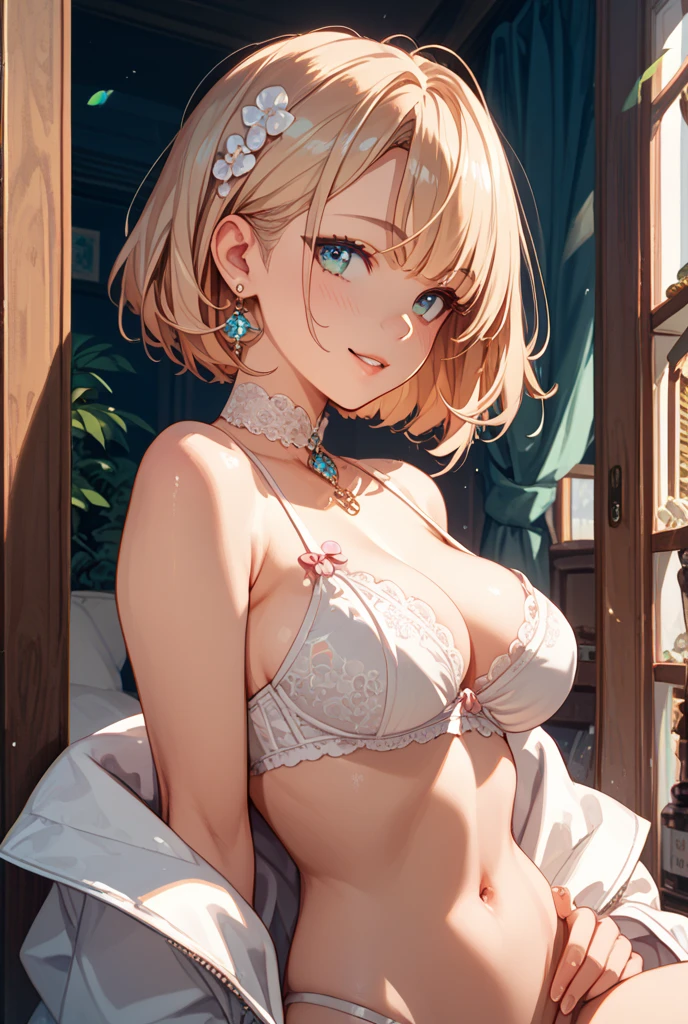 masterpiece, best quality, extremely detailed, dynamic angle, (White bra:1.5), BlondeHAIR
