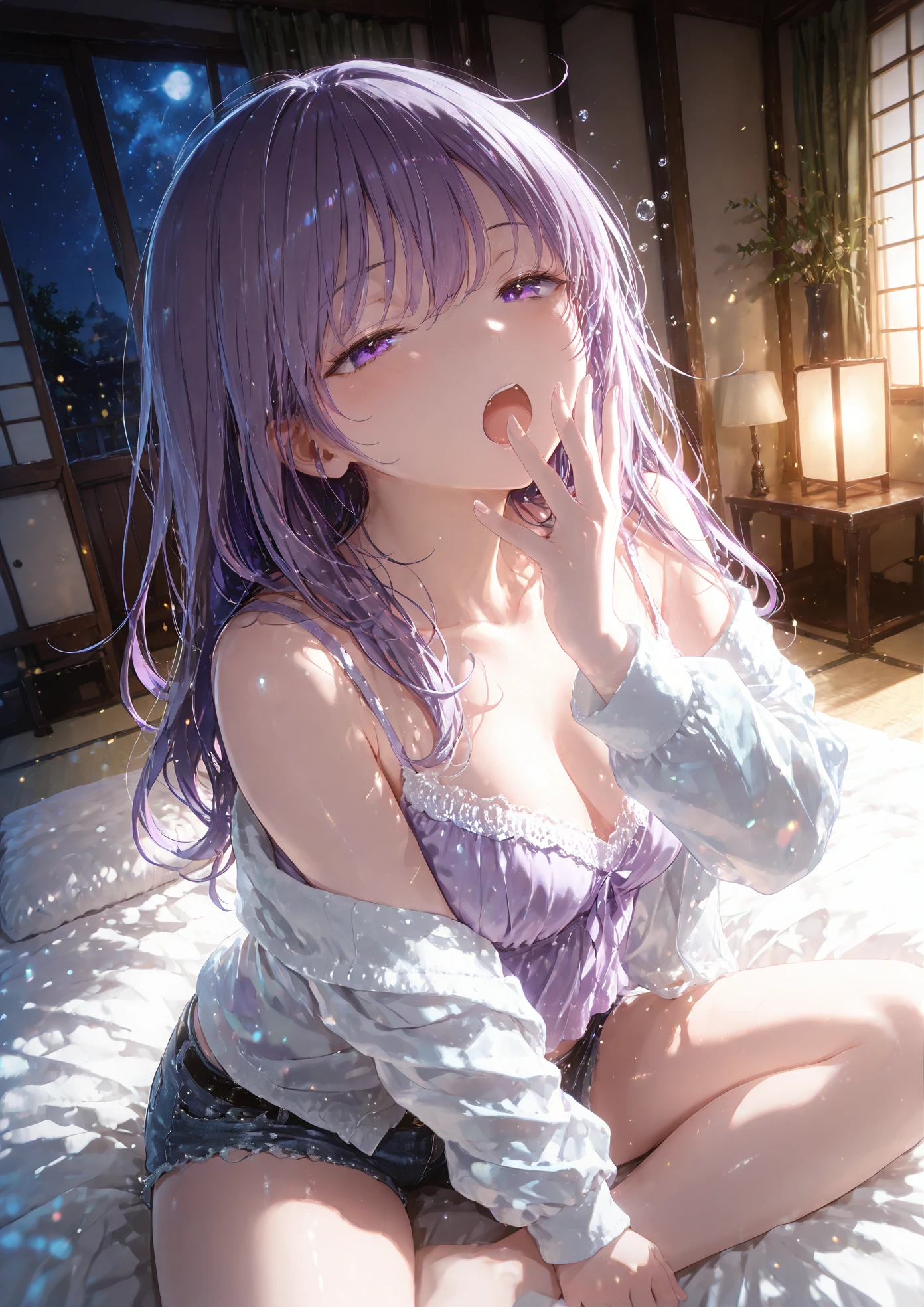 high resolution,High resolution,1Beautiful girl of the person,whole body,look up,looking at the camera,Big eyes,Crying face,Tears,Stringy saliva,Open your mouth wide,Sticking out tongue,Flush saliva,Overflowing with saliva,semi-long,Bangs,Light blue hair,Red eyes,In underwear,purple bra,Purple underwear,High leg,purple garter belt,Purple knee-high stockings,Tears overflow,Dripping a lot of saliva,Drooling,On the bed,sexy,Finger licking,Muscle Exposure,Lingerie,Western-style room,Alluring,Leg spread,front,