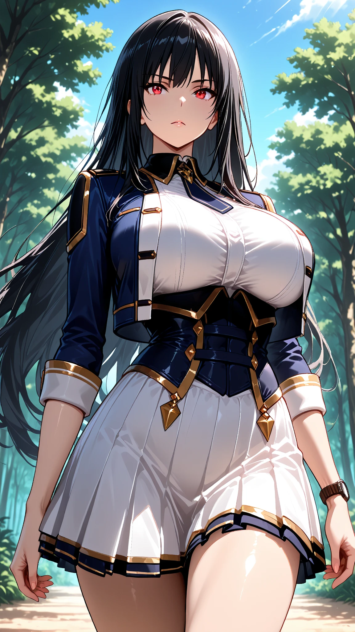 ((upper body, from above side,leaning forward,))close up, (photorealistic:1.3), large breasts, masterpiece, best quality, (intricate details:1.2), (scenery:1.11), solo, face focus, close up, ultra high res, right anatomy, detailed skin, beautiful face, 1 girl,shy,medium breasts,dress, earrings,blue_eyes,pupils sparkling, ponytail,jewelry, very_long_hair, unifor, cyberpunk city background, Rinya, black_hair, braid, black_gloves, black_hair, earrings, gloves, green_eyes, hair_ornament, jewelry,green long_hair, white green military_uniform, hand on chest, hand on waist, hand on ass, hand on hip, looking at viewer,