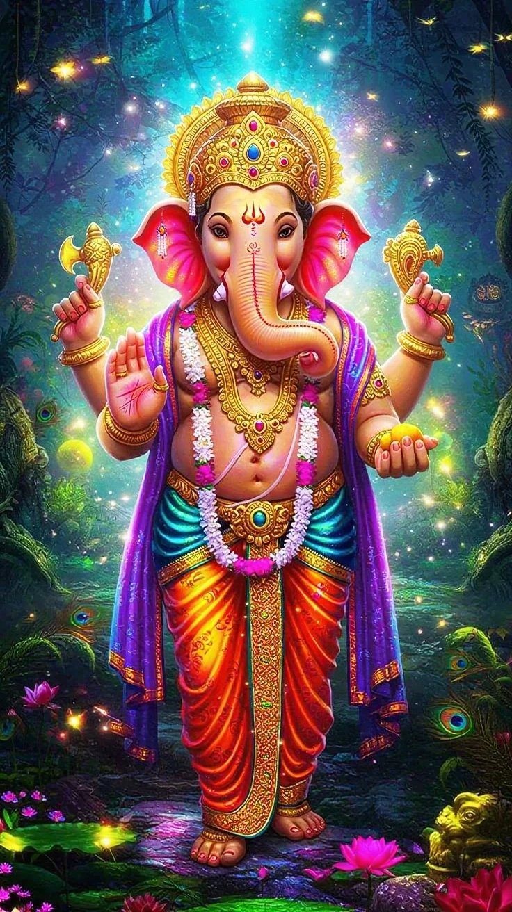 (masterpiece, best quality:1.2), In digital art style, charming illustration,peaceful picture,lord Ganesha, elephant face, huge stomach,indian god, hindu hod God ganesha, on lotus leaf,alone,body glow,Glowing lines,fluorescence,glow example,Example tracking,flash,萤light particles,Backlight,Translucent,light particles,Correct human anatomy,