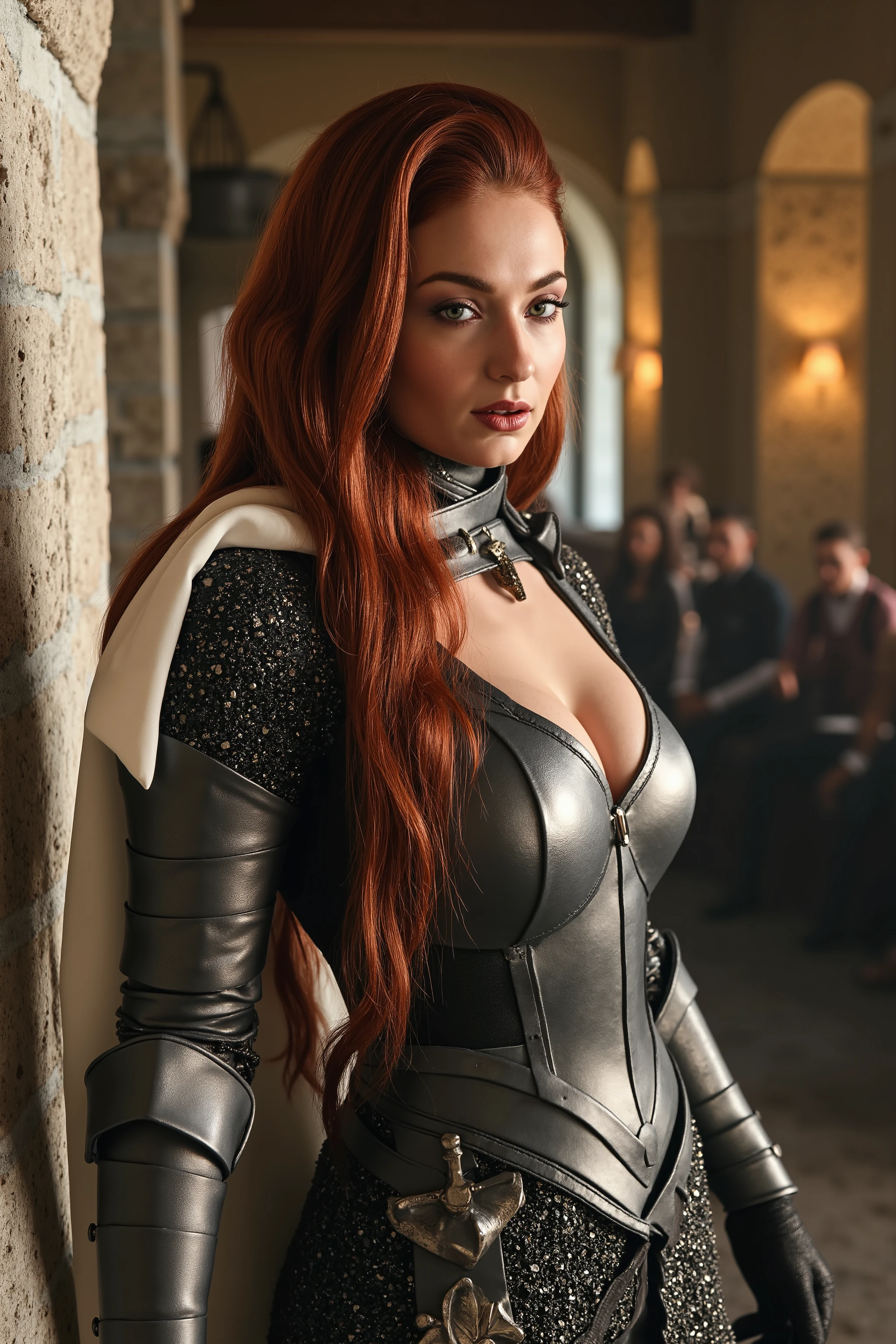 close up headshot, Masterpiece, best quality, a foggy ((crowded dance floor)), inside a castle, candle light, (*castle* crowded with people:1.3), BREAK
((armor)), form fitting, suit of armor, (fantasy), chainmail, greatsword on back, BREAK
redhead, medium hair, (straight hair), pale skin, fair skin, white skin, BREAK
<lora:MKM:1>