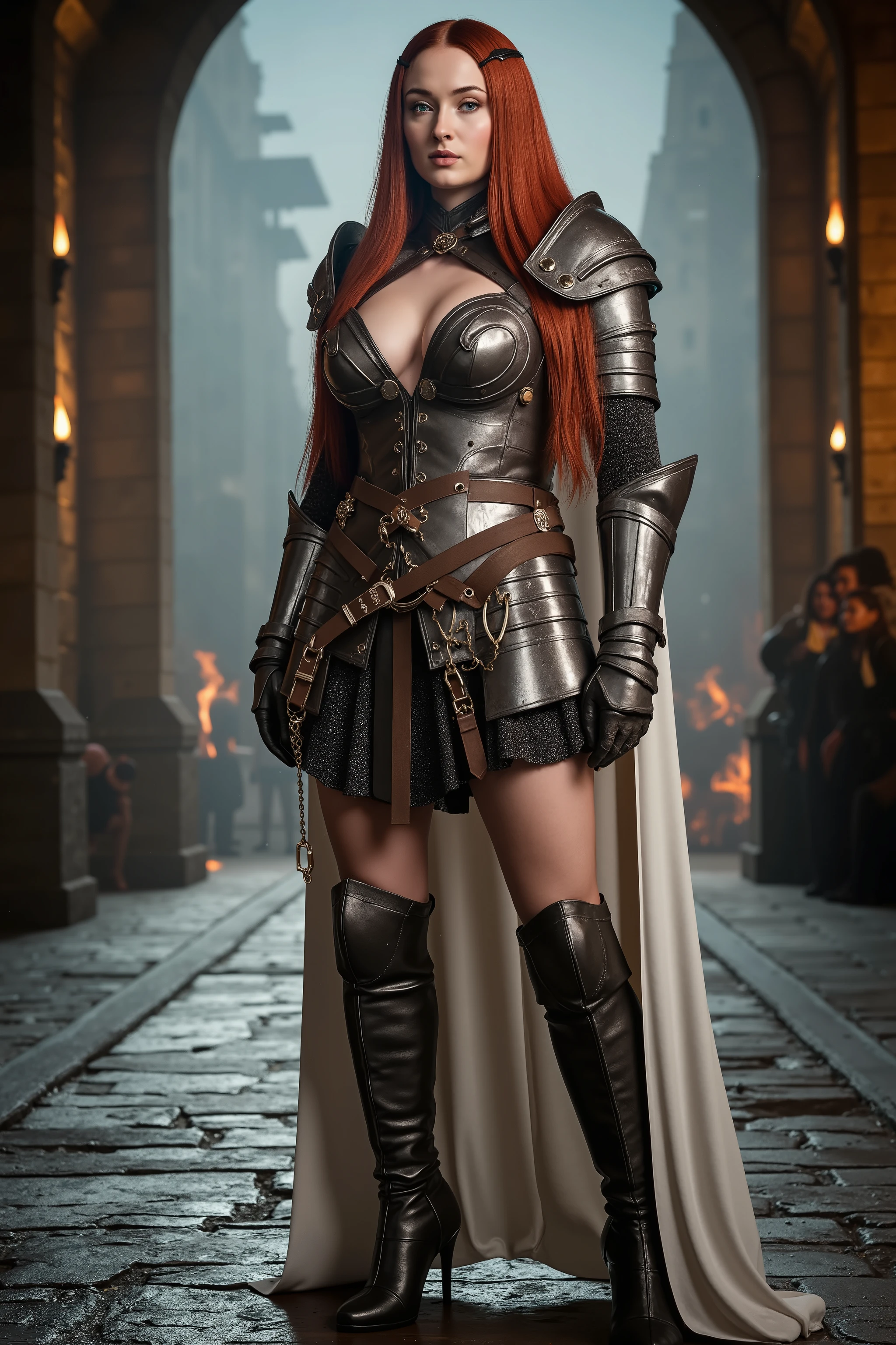 8k, best quality, highres, realistic, real person, A solitary warrior in a suspicious arena setting, without the demon lord. The warrior, lightly armored and with a sly smile, wields a large, ornately decorated axe. They have short red hair. The background is a mysterious and ominous arena, with a sense of danger and suspense. The lighting is dim and dramatic, enhancing the warrior's intense and cunning appearance.