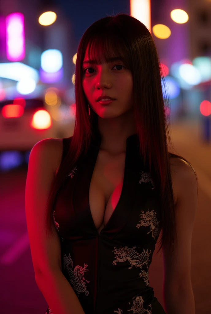 Full body photo,((masterpiece, highest quality, Highest image quality, High resolution, photorealistic, Raw photo, 8K)), arafed view of a motel with aDirty alleys in the red light street, with red neon signs, A Chinese streetwhore waiting for a guest in front of a motel, seduction,stockings,Sexy vest, short dress and high heels, route 6 6, neon signs, 1 9 9 0 s Africa tourism, some have neon signs, red lights outside, neon advertisements, gigantic neon signs, neon shops, by Arnie Swekel, few neon signs, neon signs in background, k, (upper body Close up shot), Ray Tracing CG Unity 8k walpaper, (Detailed Dress), (Detailed body), (detailed skin),