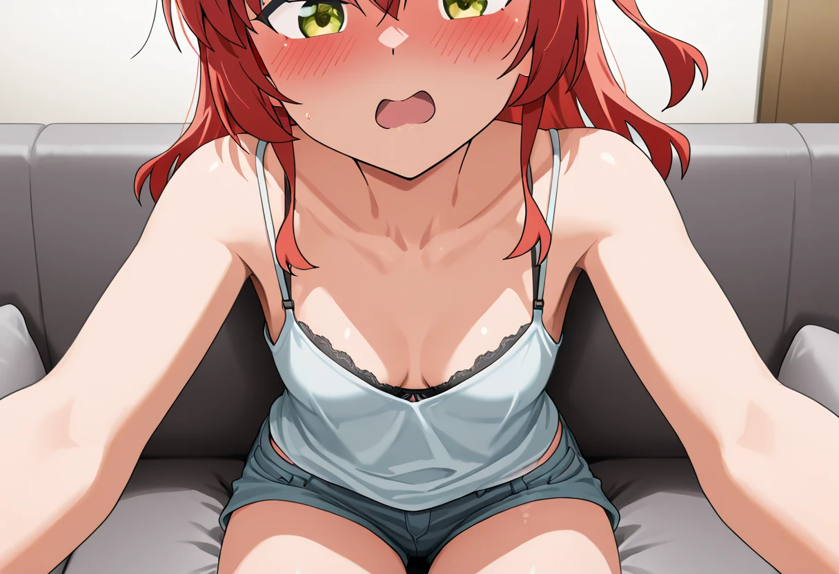 (Masterpiece), Best Quality , ultra-detailed, 1girl (Gwendolyn_Tennyson, breasts, orange hair, short hair, naked body, closed eyes), a pained face, open mouth, Saliva, tongue out, headback, solo, nose blush, blush, nude, wet body, mountain, in the mountain cabin, window, night time, on the bed, lie down, lying, spread legs, spread arms, 1boy, sex, hetero,lying sex, sex from front, pussy, penis, cumdrip from her pussy,