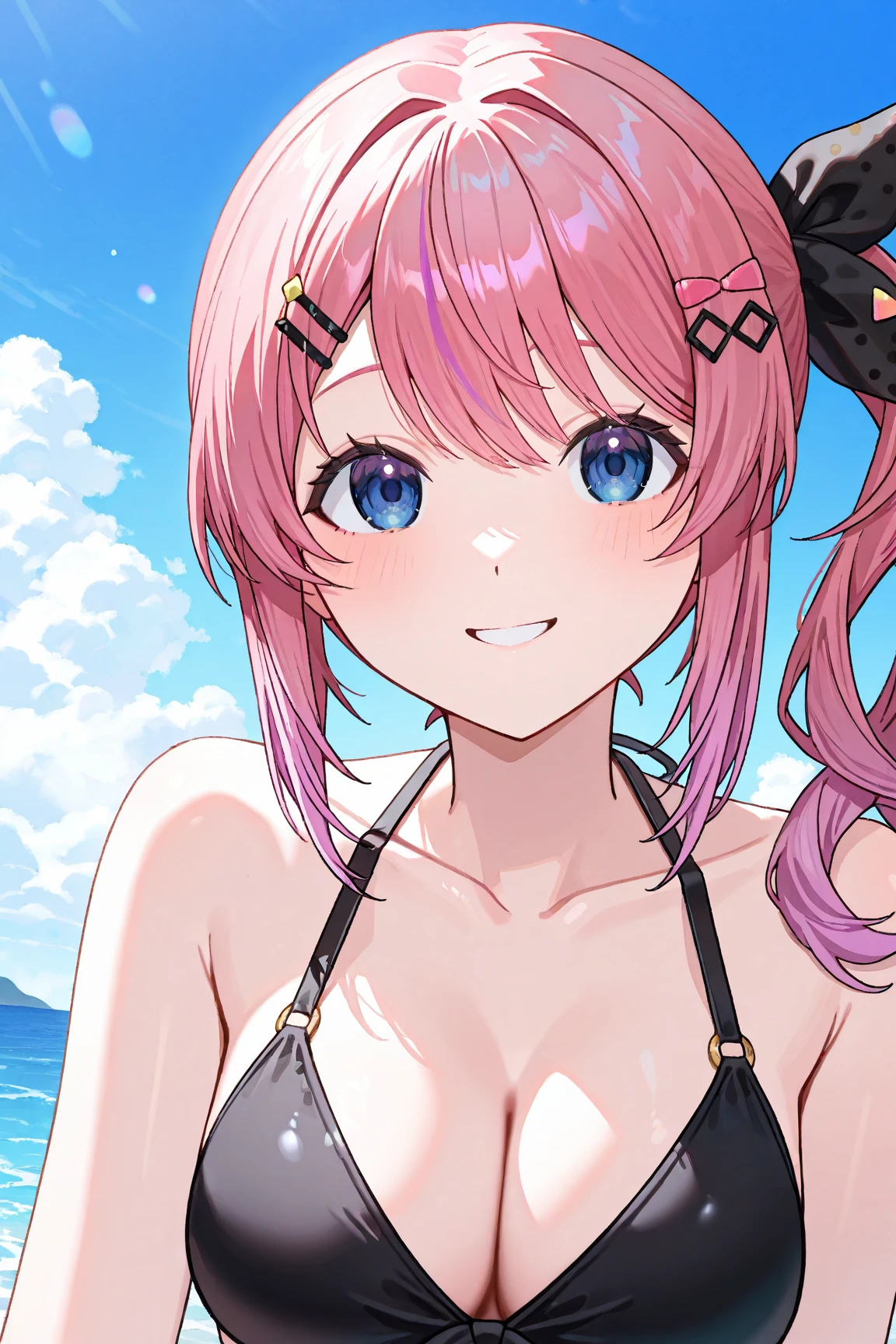 masterpiece, best quality, ultra-detailed, illustration, 1girl, (upper body:1.4), (looking at viewer:1.4), micro bikini, beautiful detailed eyes, beautiful detailed glow, lots of glow, seascape, beach, sand, <lora:hitori_bocchi:1>, hitori bocchi, selfie, medium breasts,