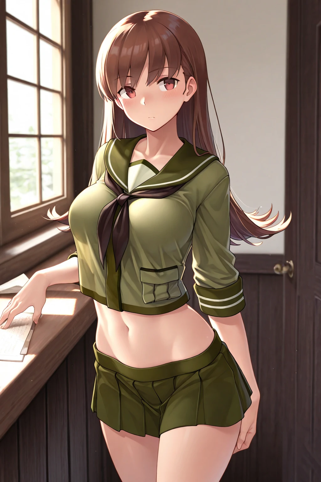 score_9, score_8_up, score_7_up, 1girl, solo, Shaggy Rogers, (female:1.5), female focus, female body,brown hair, long hair, green blouse, bare shoulders, breasts, ((brown skirt)), black bra, brown thighhighs, blushing, looking down, dressing room