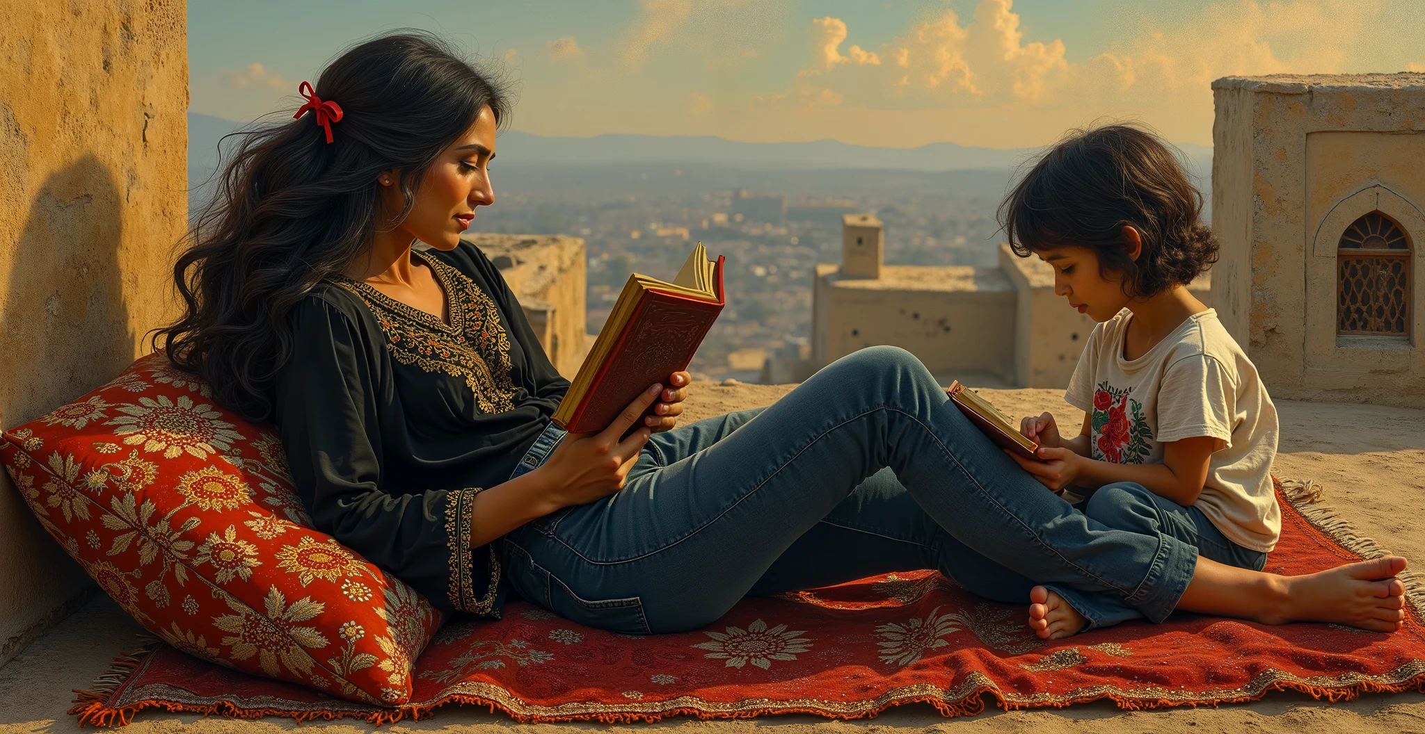 created a painting with oil painting with huge details , In the style of the artist Leonardo Davinci , In the era of the European renaissance , A fully detailed painting of an Arab woman lying on the roof of the house on an Arabic carpet with a book in her hand and reading a story to her little daughter sitting in the rocking chair, looking half-smiling at the clear sky . Decorated pillows surround her, and her thick black hair with a piece of red garlic hangs over her shoulders as if it were shimmering silk .
The woman wears jeans and a black embroidered lace shirt. She rests on an embroidered pillow. At the back, we see distant houses with their windows lit. A picture that seems cinematic