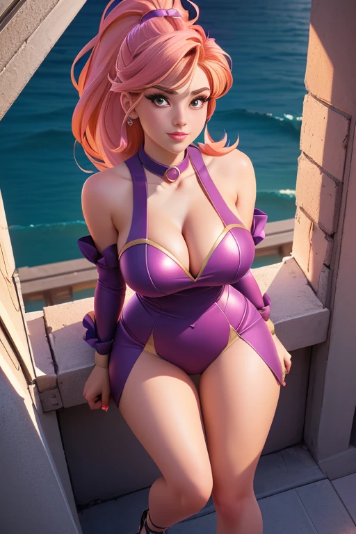 vapor wave aesthetic, huge breasts, bimbo, Slim thicc waifu:1.5, mature:1.4, bikini with harness, purple and hot pink background, setting sun, hands above head, hip sway, wearing large headphones, seductive expression:1.2, smile,