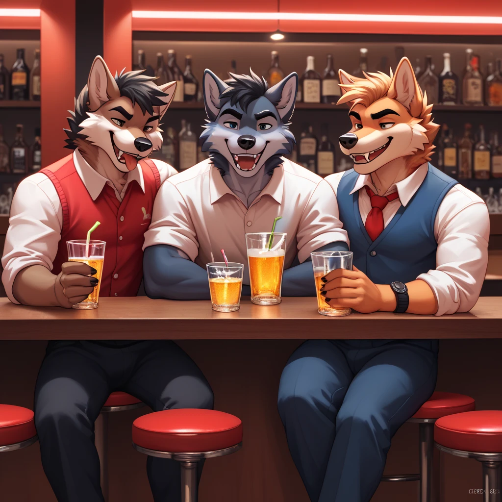 (by zackary911 and braeburned and photonoko and dimwitdog and eternity-zinogre and whisperingfornothing and nnecgrau and ravieel and meesh and riska and edjit and thousandfoldfeathers), ((blaidd\(elden ring))), arcanine, anthro, beautifull detailed body, (loincloth:1.7), public bar, drinking, shading, verry detailed background, verry detailed body, sitting, (blaidd and arcanine are talking to each other), having fun, smiling