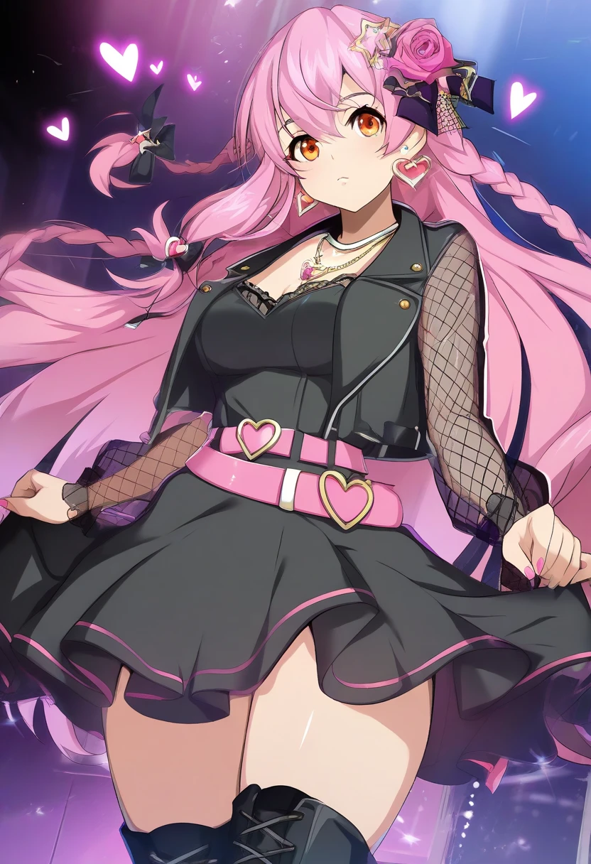 (8k, RAW photos, top quality, masterpiece: 1.2), (High Quality), ray tracing, HDR, (High Details), (Face detail), (Shadow Detail), 1girl, solo, Zentreya, 3d, 3d render, Marnie /(pokemon)/, black hair, blue eyes, cleavage, black jacket, large breasts, thick thighs, closed mouth, pink dress, garter straps, smug,