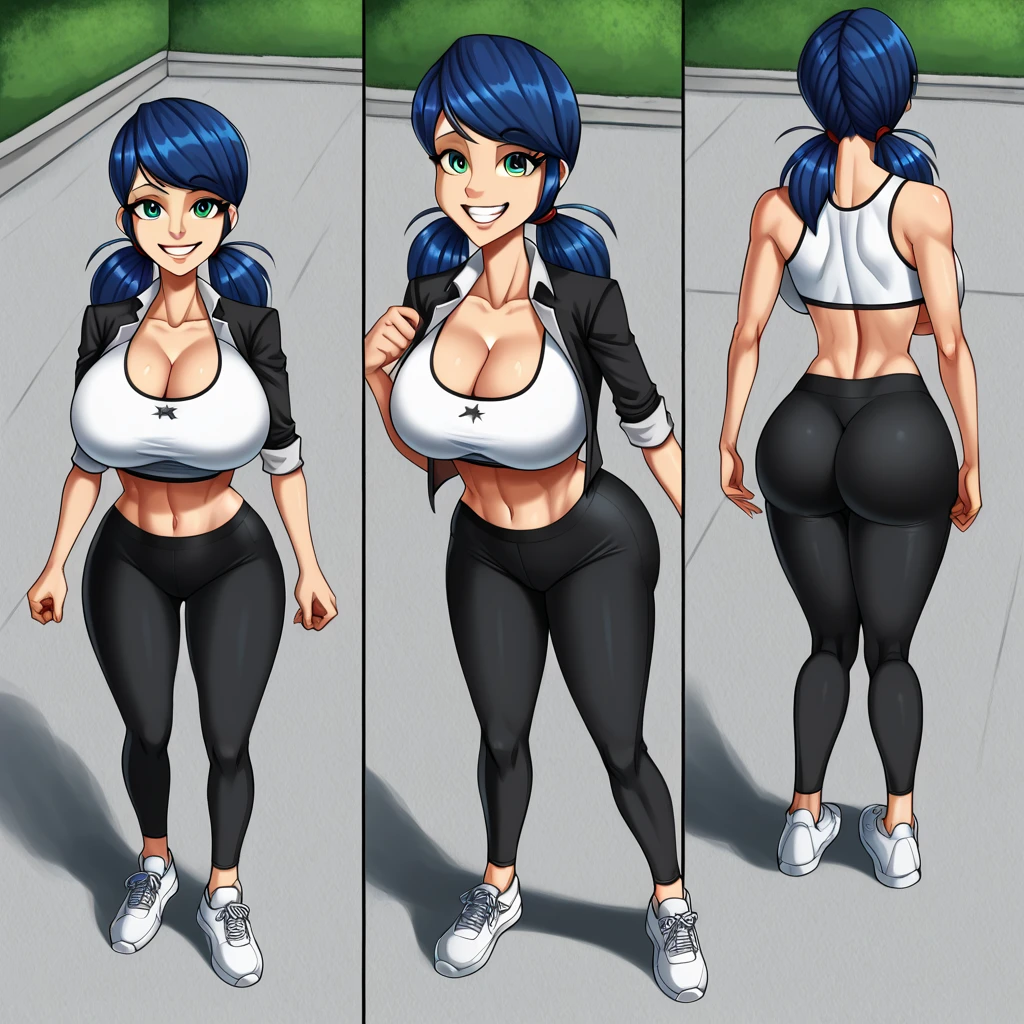 a solo cartoon of a woman in tight pants and a shirt, bimbo at the gym, thicc, oc commission, commission for high res, hands behind her body pose!, inked and colored, cel shaded!!!, cutesexyrobutts, full body portrait of a short!, fullbody commission for, thighs!!!!!!, lowres, thighs!!!, a full bodyof a solo woman with a black hair and a blue top, short black hair, anime visual of a woman, female anime character, town