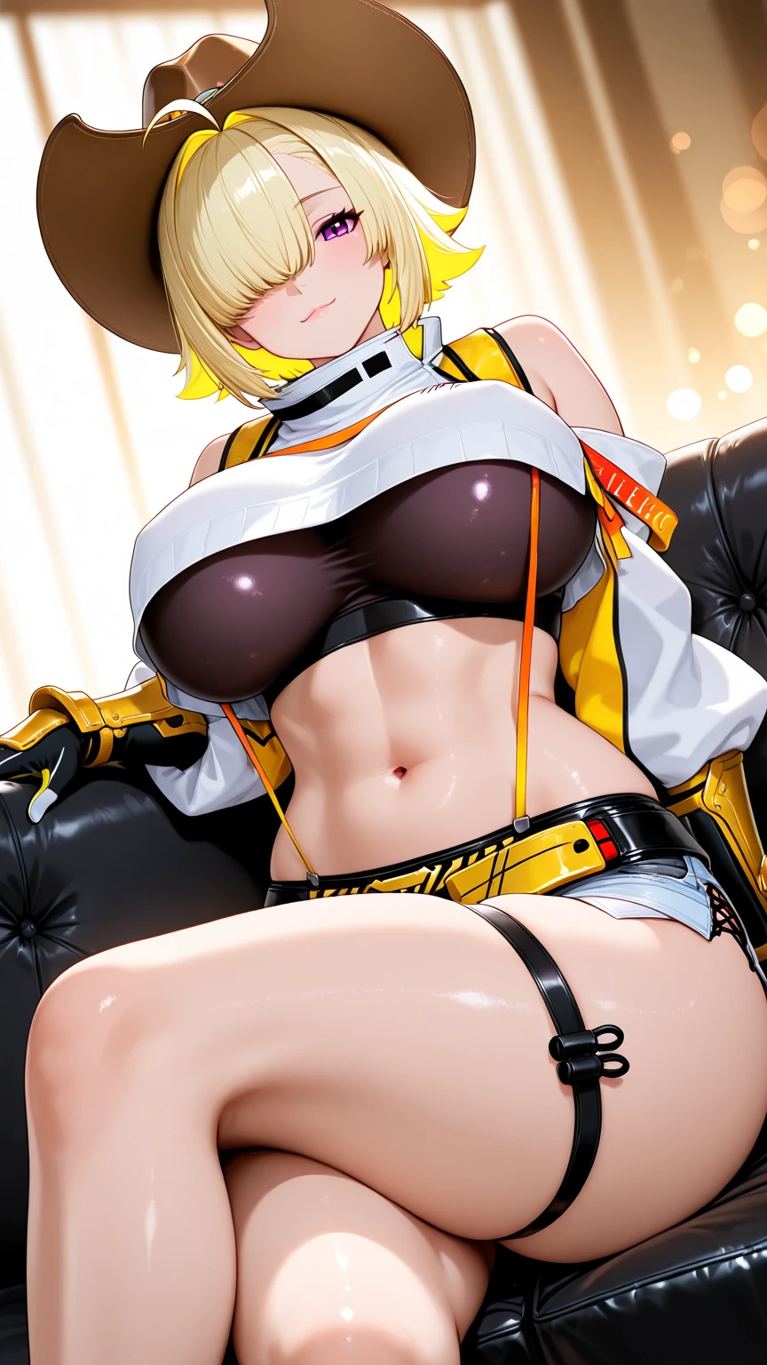 ((Highest quality)), ((masterpiece)), (detailed), Perfect Face、NSFW、Huge breasts、Squat、Leg spread、((M字Leg spread))、solo、From below the front、、Ahegao、stockings、Striped micro bikini、Nami、Striped tiny micro bikini、Fold your arms behind your head、