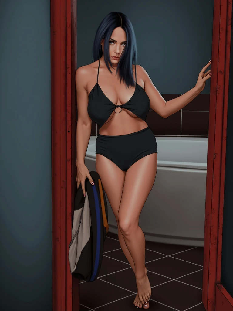 Raven, breasts big, D cup, open cloak, pussy outline, black lace lingerie with high waist bands, Golden Belt, nude belly, athletic curve, ribs showing slightly